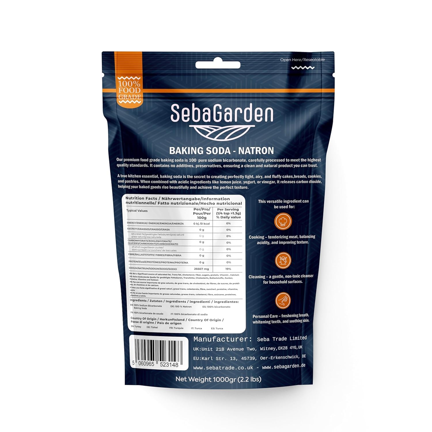 Seba Garden Bicarbonate of Soda - 1kg Food Grade Powder | Aluminium-Free Leavening Agent 2