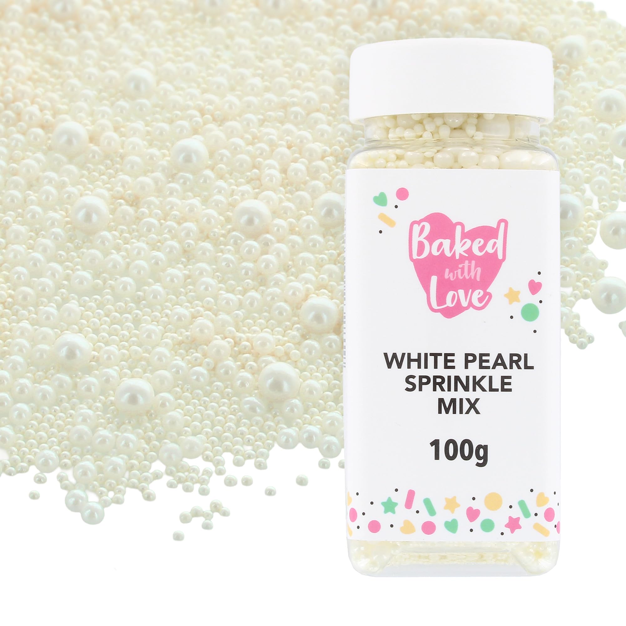 Baked with Love White Pearl Sprinkles - Mother of Pearl Sugar Balls | 100g Resealable Bottle 1