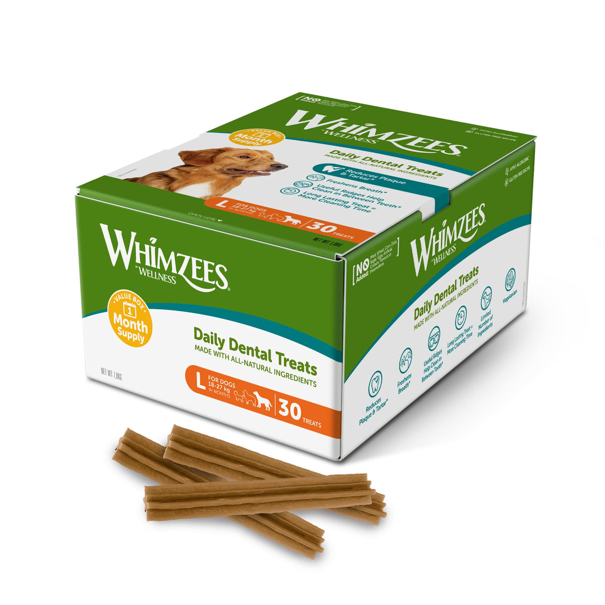 WHIMZEES Stix Dental Sticks - Month Box, 30 Pieces, Size L