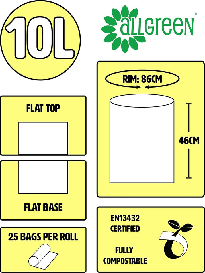 All-Green VC 10L-4 10 Litre Compostable Kitchen Caddy Bin Liners - 100 Bags (4 Rolls)