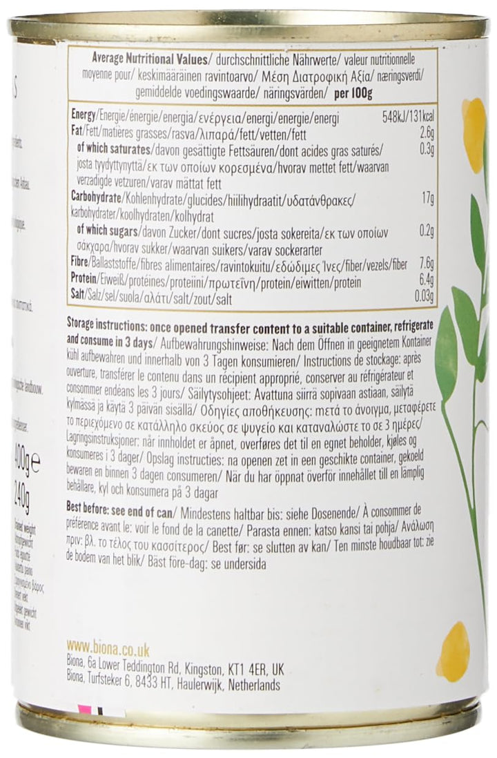 Biona Organic Chick Peas 4 x 400g - Vegan, No Added Salt, Source of Fibre & Protein