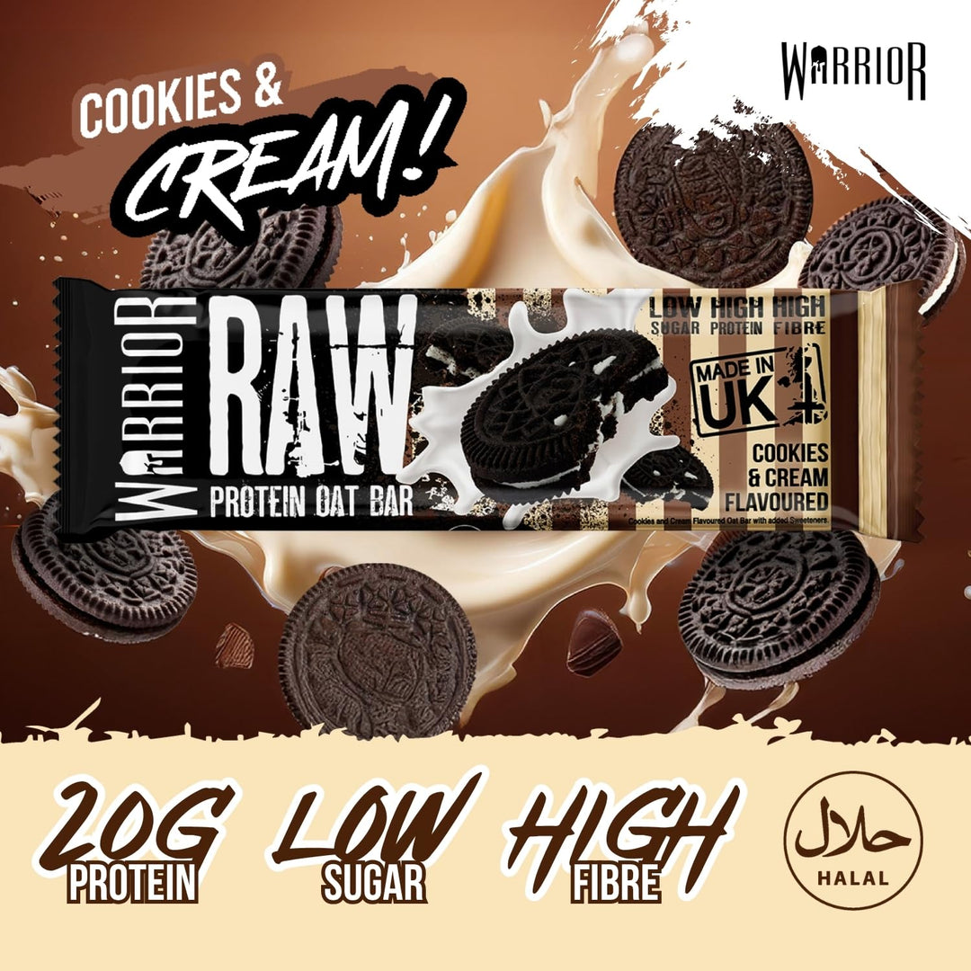 Warrior Raw Protein Bars - 12 x 75g Cookies & Cream High Protein Oat Flapjacks - Low Sugar, High Fibre - UK Made
