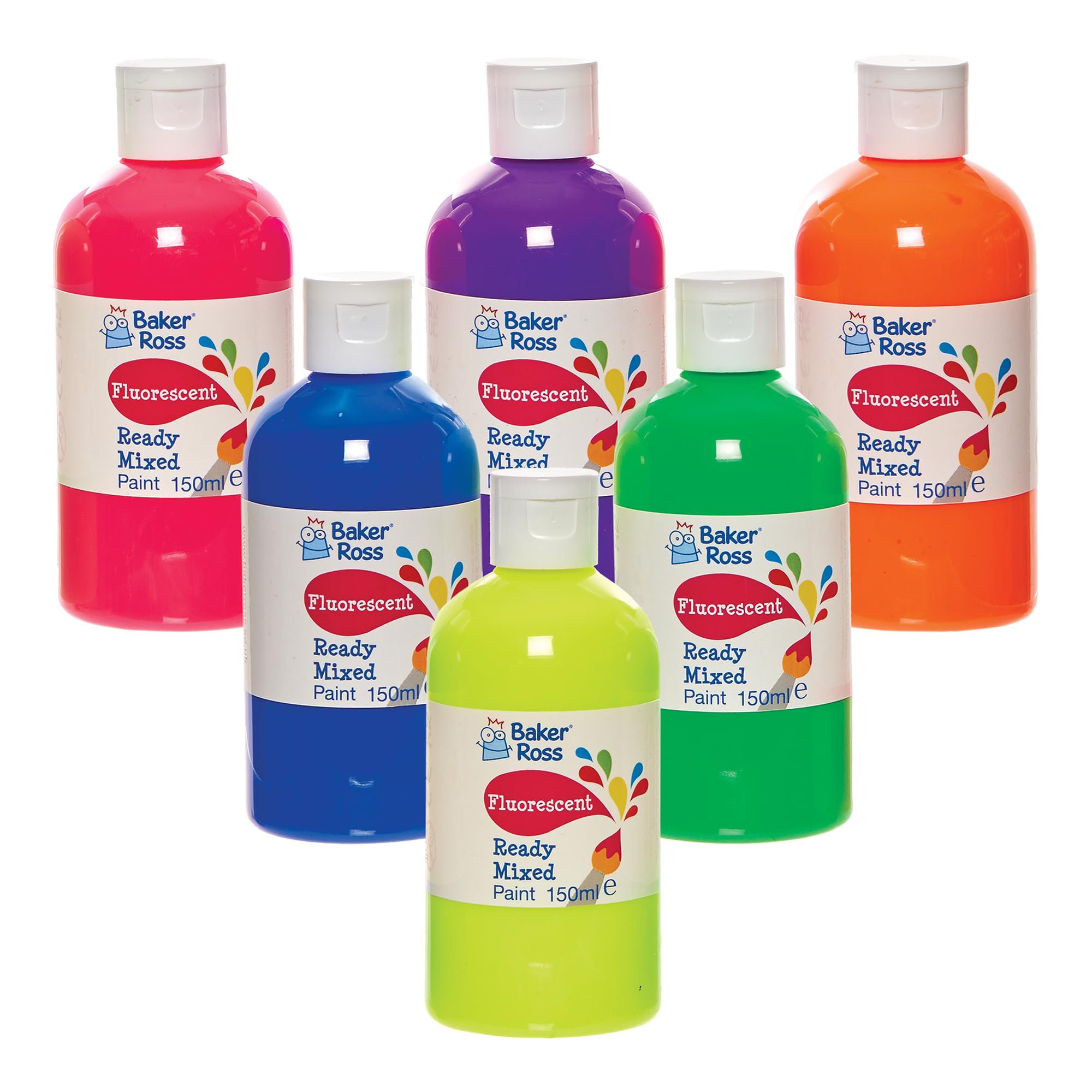 Baker Ross FN247 Fluorescent Ready Mixed Poster Paint - 6 x 150ml Bottles | Washable