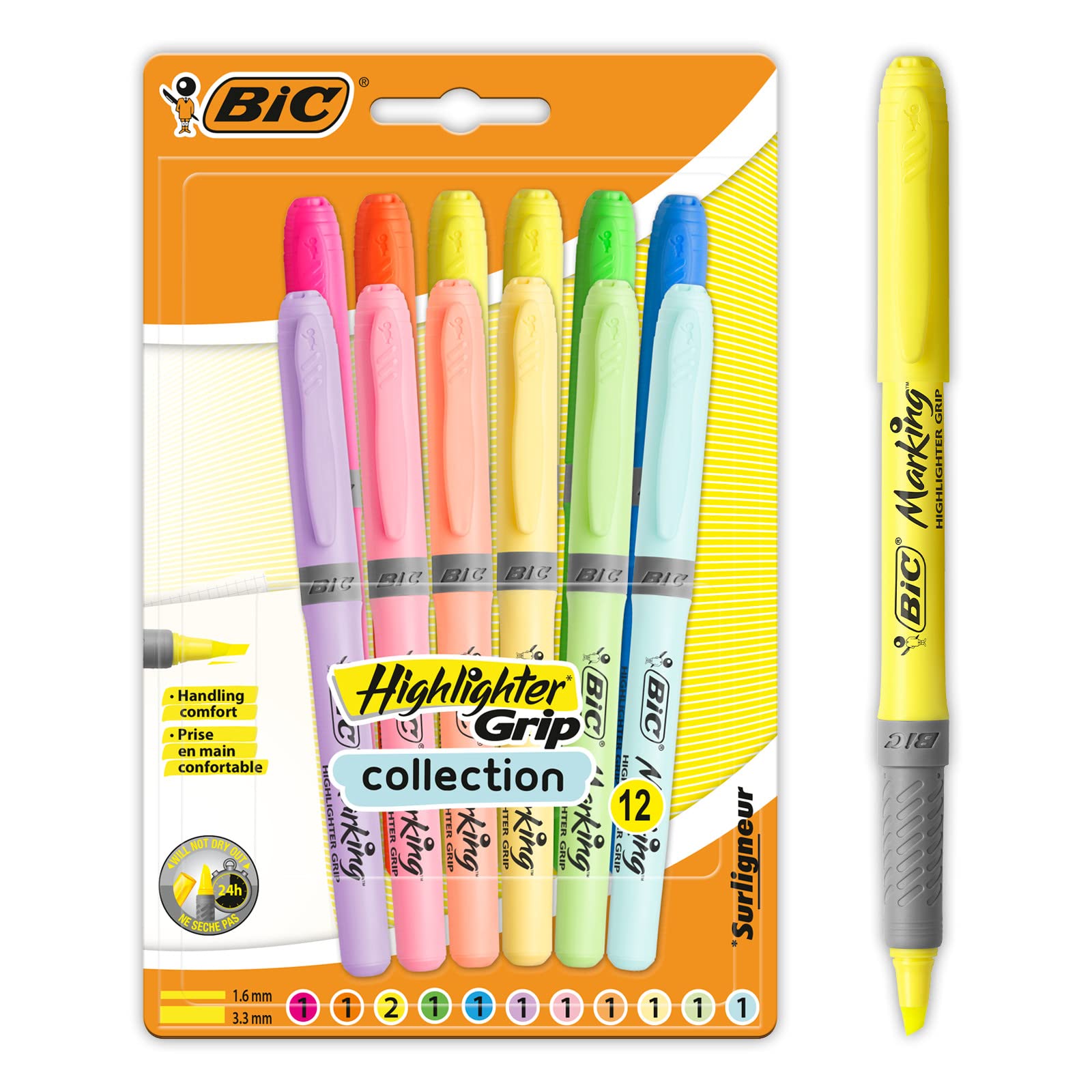 BIC Highlighter Grip Markers - Pack of 12 Assorted Intense & Pastel Colours | Ribbed Rubber Grip | Water-Based Ink 1