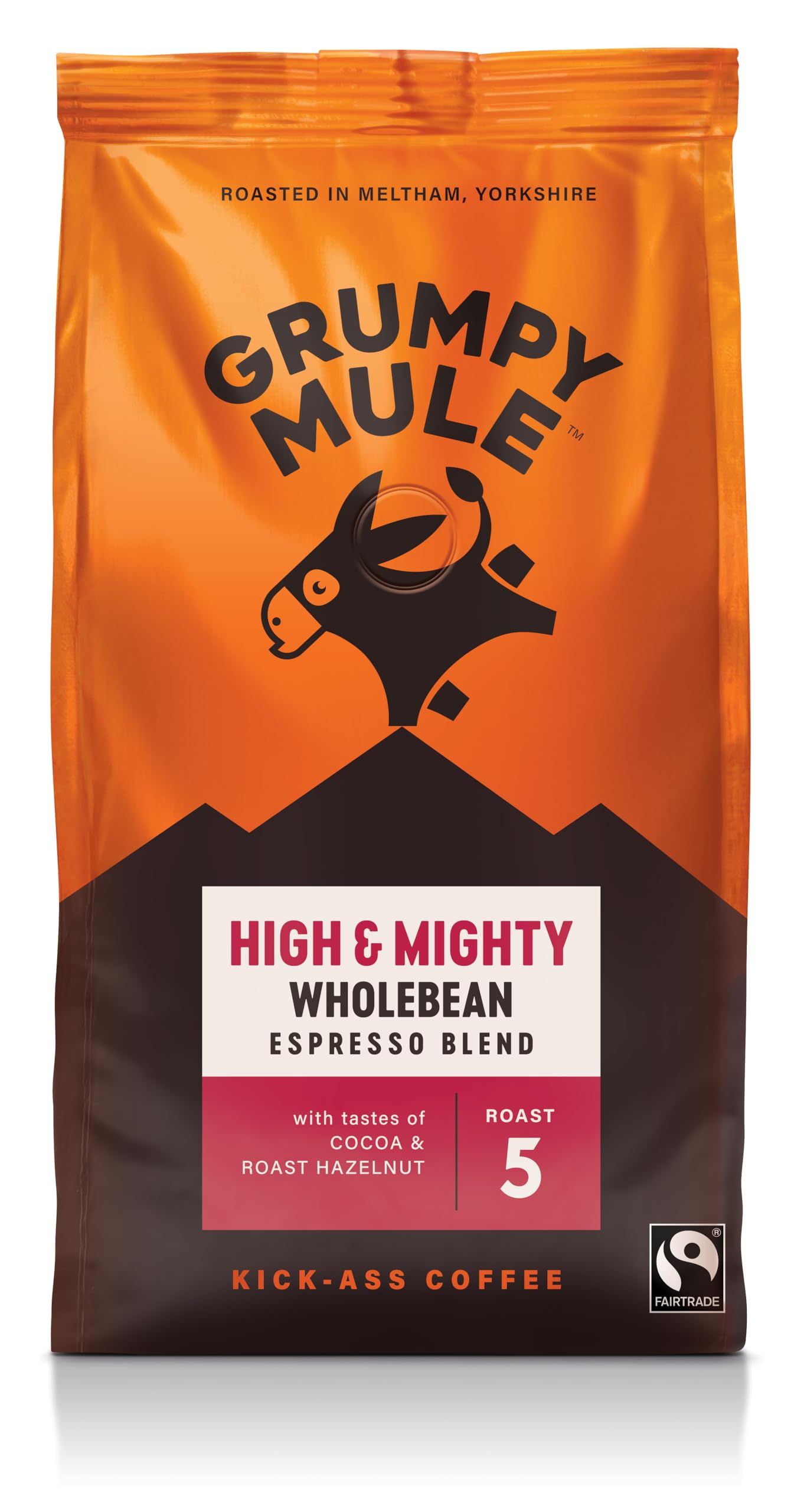 Grumpy Mule High and Mighty Espresso Blend Whole Coffee Beans - Fairtrade Arabica Coffee with Cocoa & Hazelnut Notes