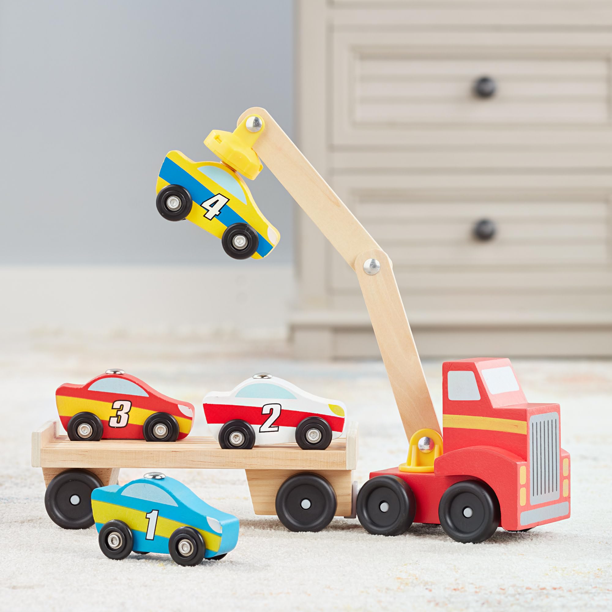 Melissa & Doug Magnetic Car Loader Wooden Truck Set | Ages 3+ | Includes Truck, Trailer, and 4 Magnetic Cars 9