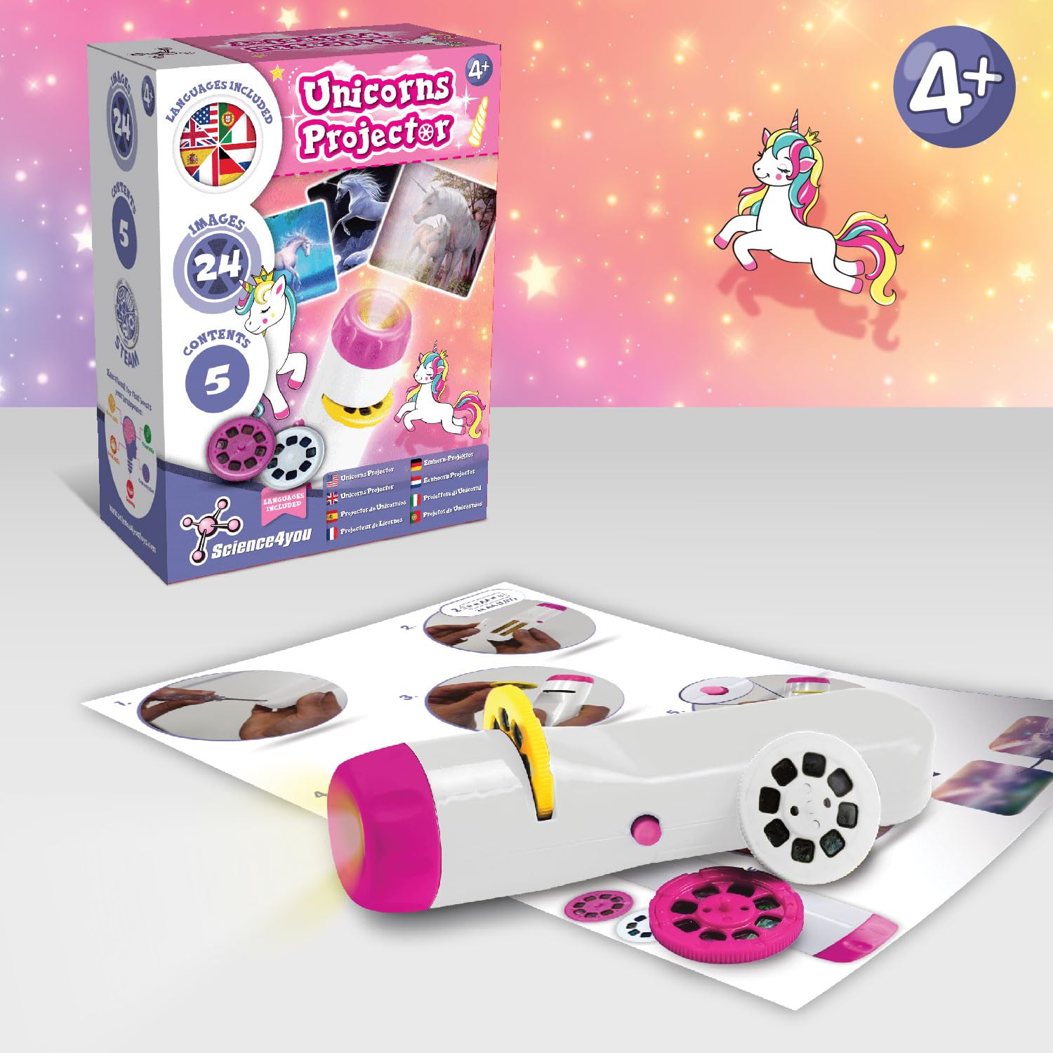 Science4you Unicorn Torch Projector for Kids - Educational Flashlight with 3 Slide Discs, 24 Images, Ages 4+
