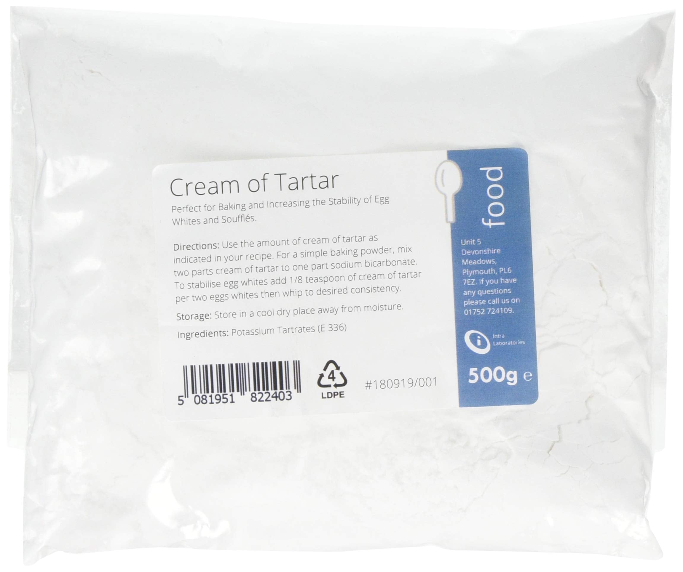 Intralabs Food Grade Cream of Tartar Powder for Baking and Playdough - 500g