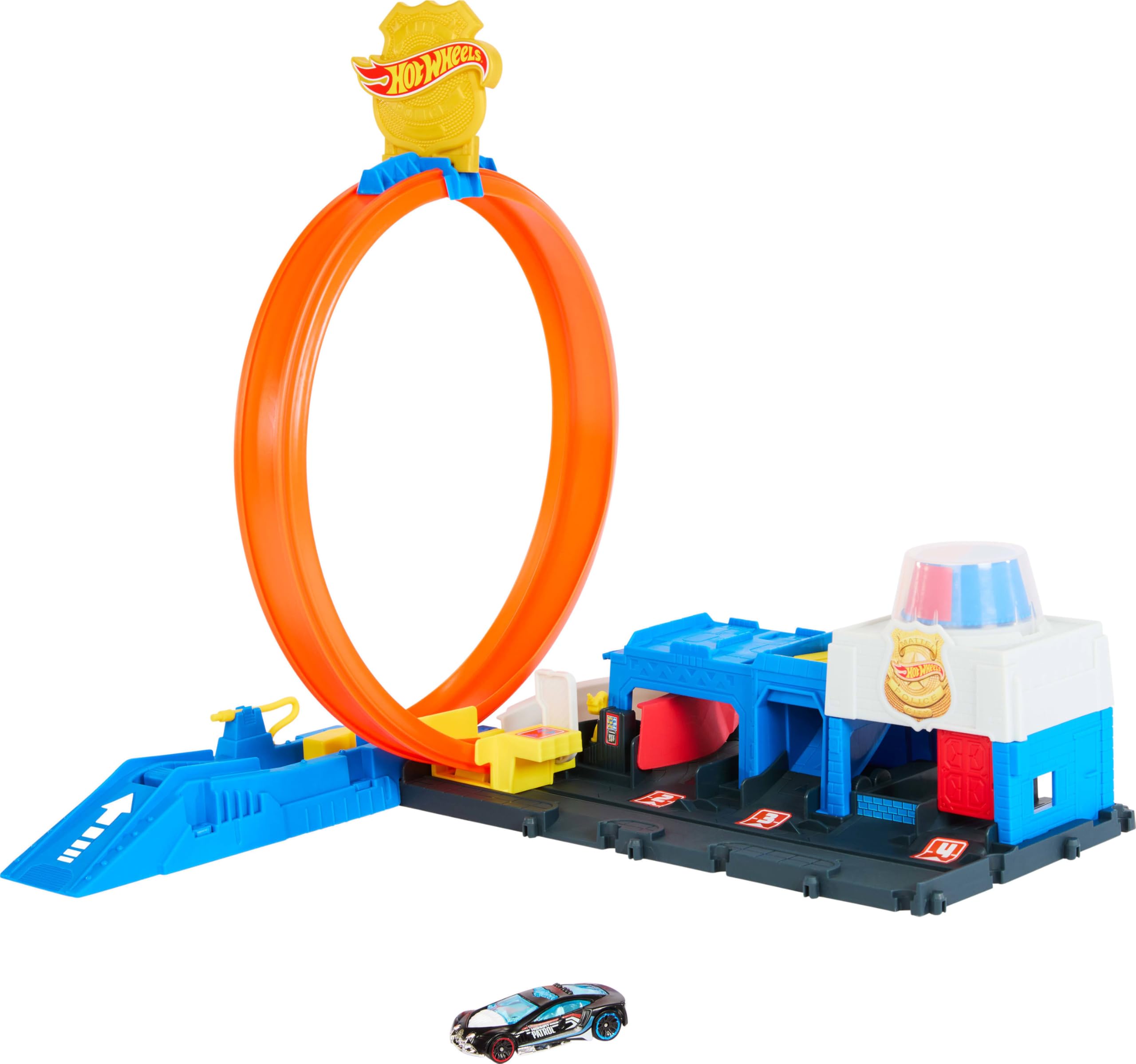 Hot Wheels Super Police Station Playset - 1:64 Scale Track Set with 4-Lane Stunt Racing for Kids