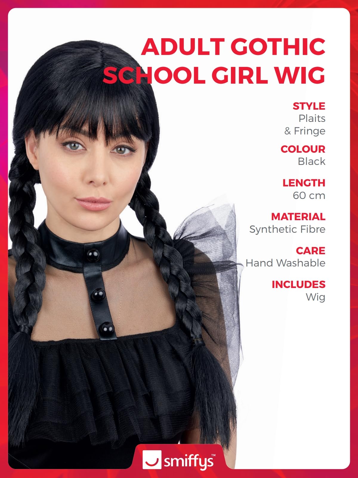 Smiffys Gothic School Girl Wig with Plaits & Fringe - Adult Fancy Dress Accessory 3