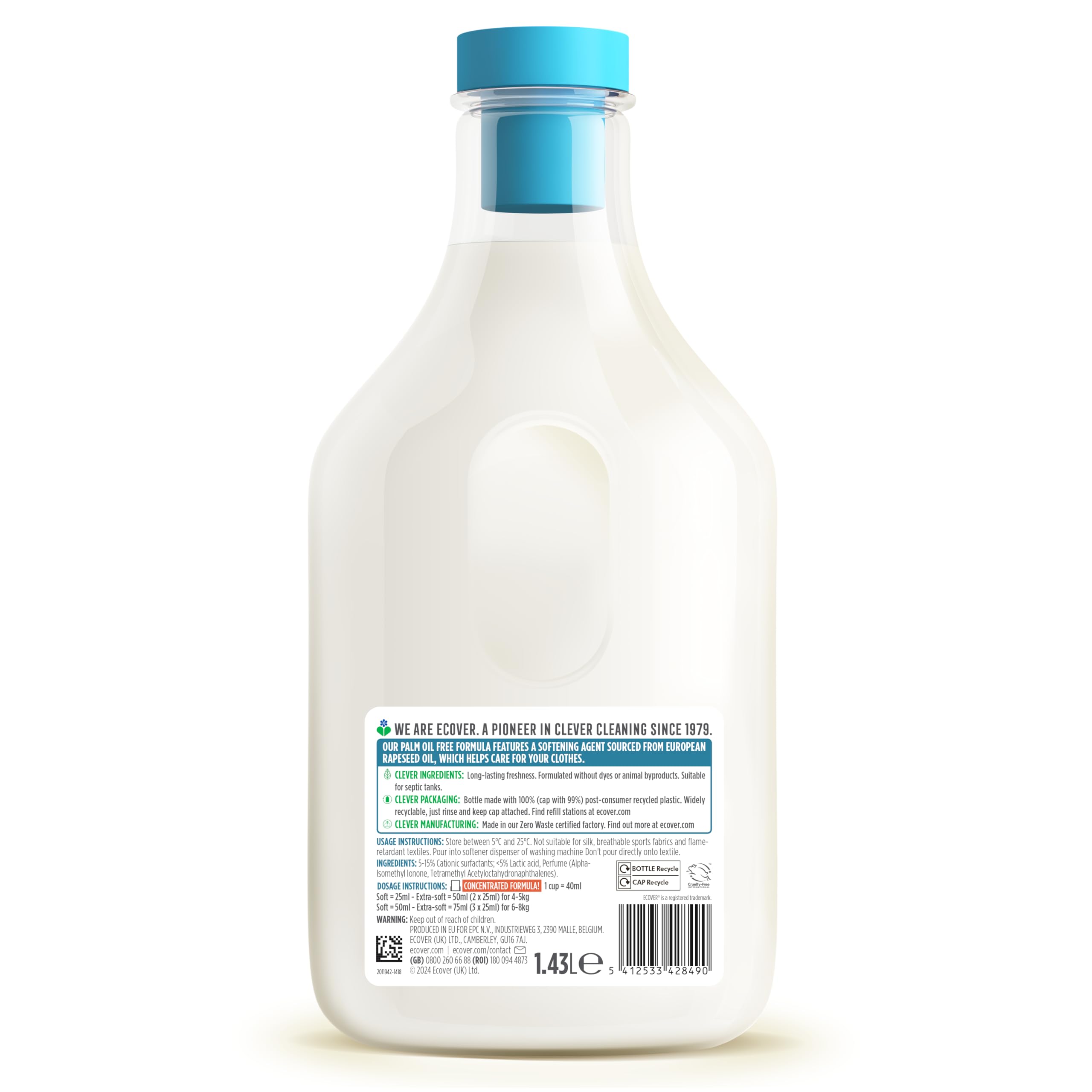 Ecover Concentrated Liquid Fabric Softener - Rose Scent | 1.43L | Softening & Fade Control 2