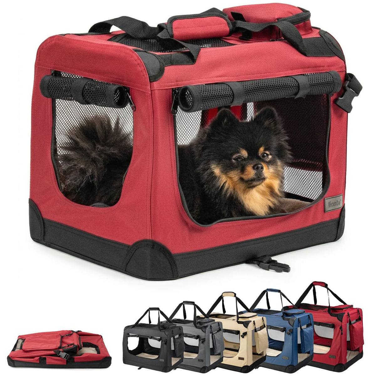 lionto Foldable Dog Crate for Travel and Car - 50 x 34 x 36 cm, Red