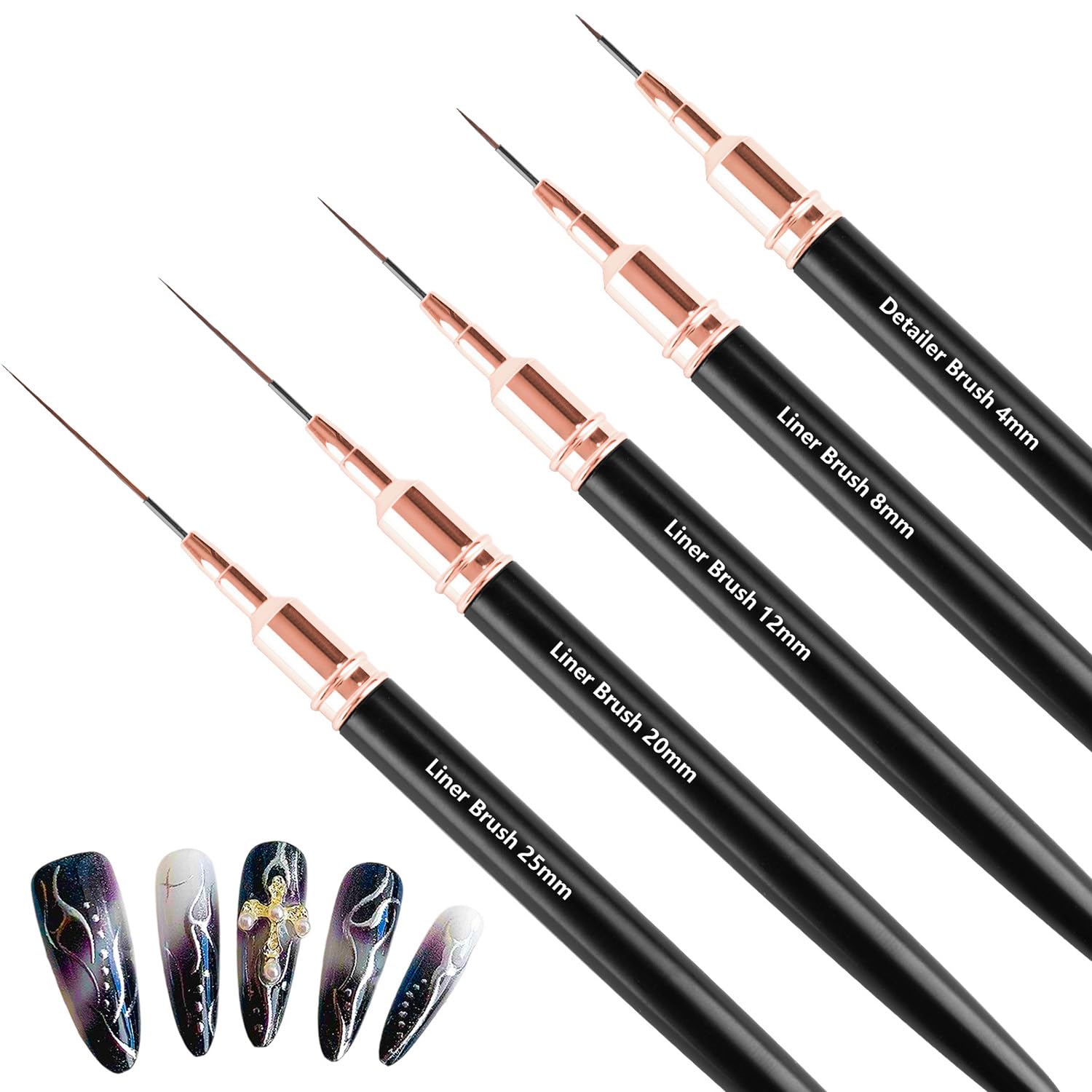 MOXYOY 5Pcs Nail Art Liner Brushes Set - Ultra-Soft Nylon, Metal Handles, 5 Sizes (4mm-25mm)