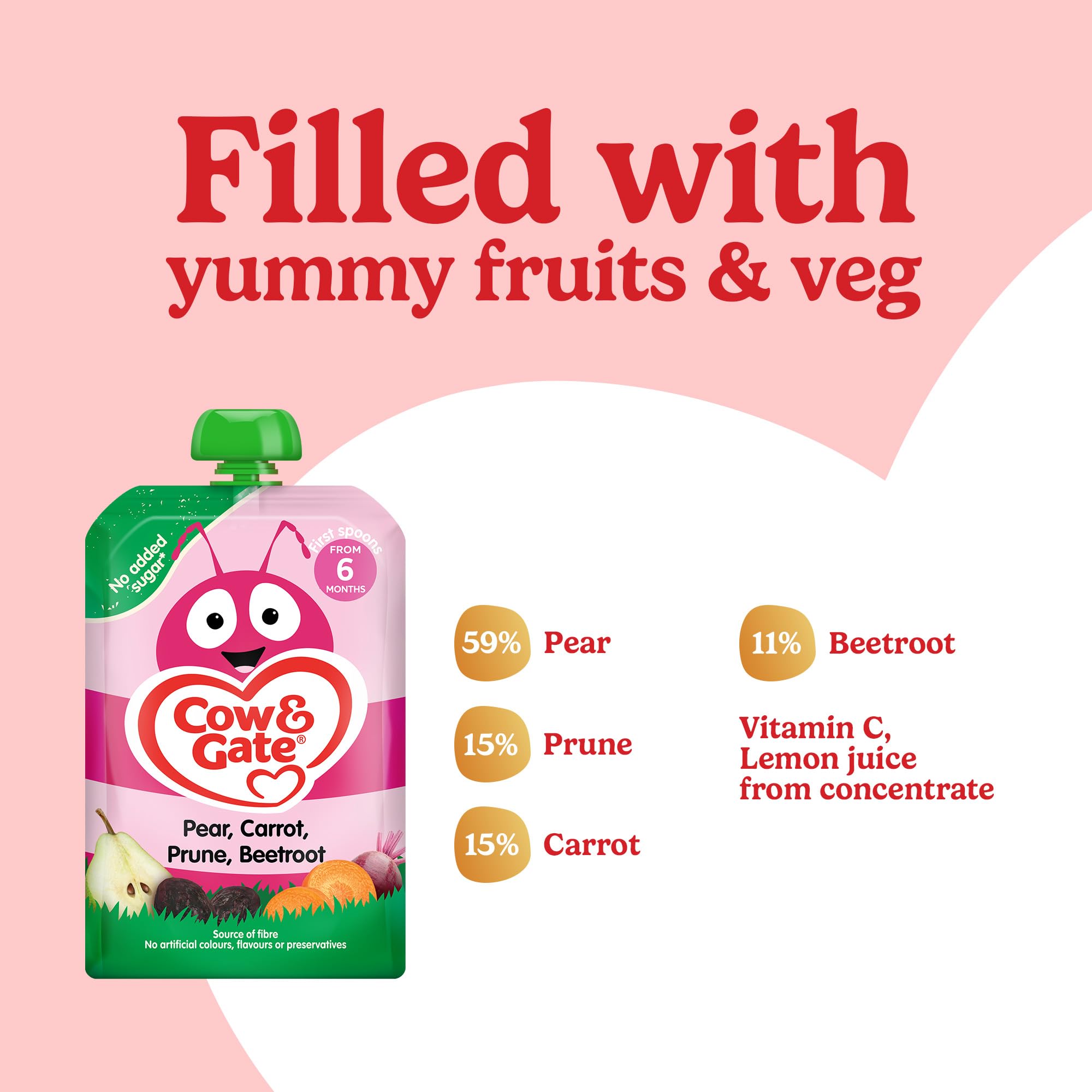 Cow & Gate Pear Carrot Prune Beetroot Baby Food Pouch - 6x100g, Suitable from 4 Months 3