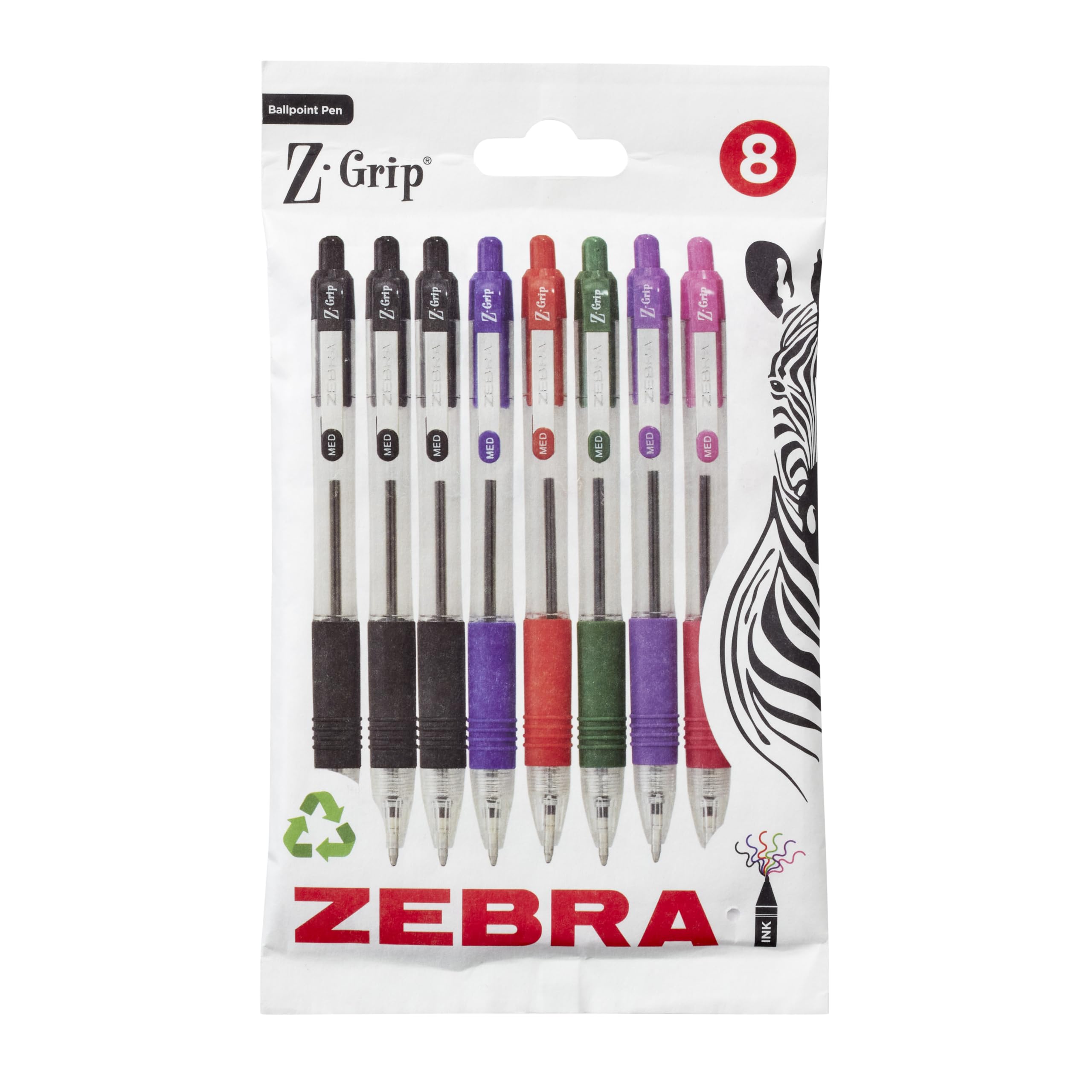 Zebra Pen Z Grip Retractable Ballpoint Pens - Assorted Colors, 8 Pack | Medium Point | Soft Ribbed Grip