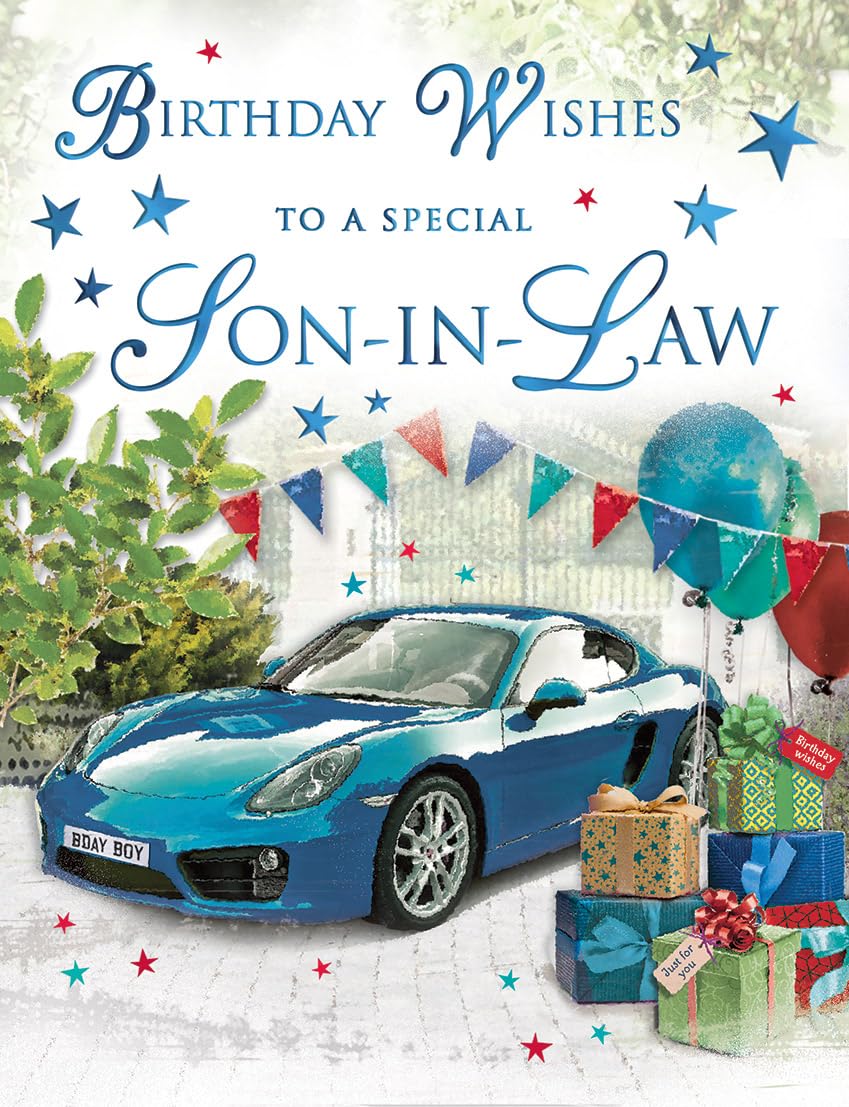 Regal Publishing Traditional Birthday Card for Son In Law | Blue Sports Car Design | 8 x 6 Inch