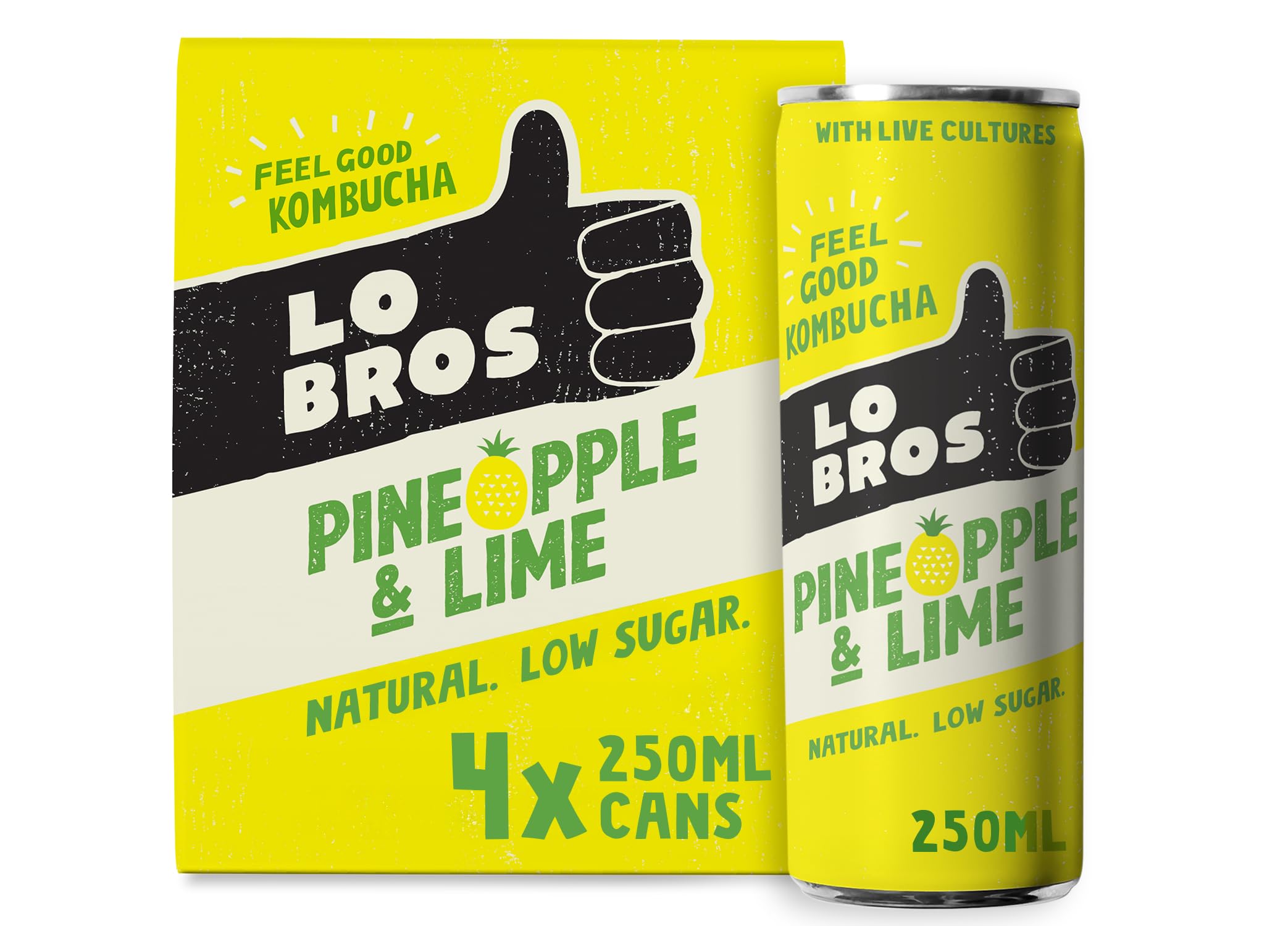 Lo Bros Kombucha - Pineapple & Lime Sparkling Drink | Low Sugar | 4 Pack