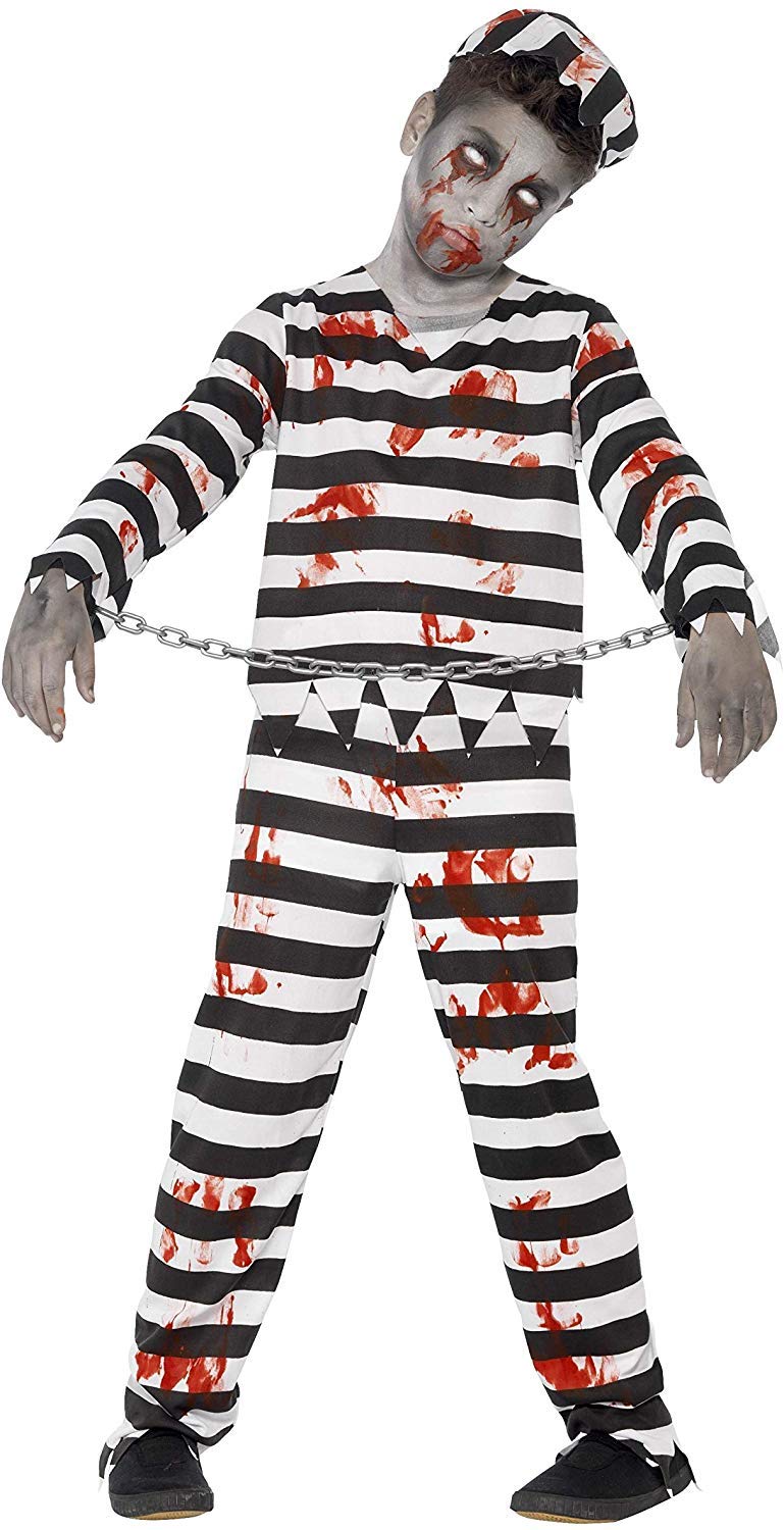 Smiffys Zombie Convict Costume - Black & White, Age 12+, Includes Top, Trousers, Hat & Wrist Cuffs 1