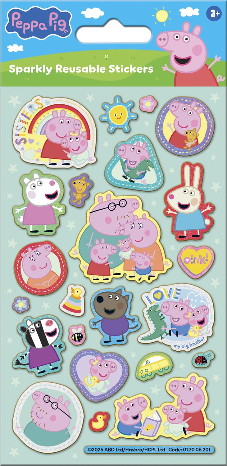 Paper Projects Peppa Pig Family Sparkly Reusable Stickers - Includes New Baby Sister Evie 1