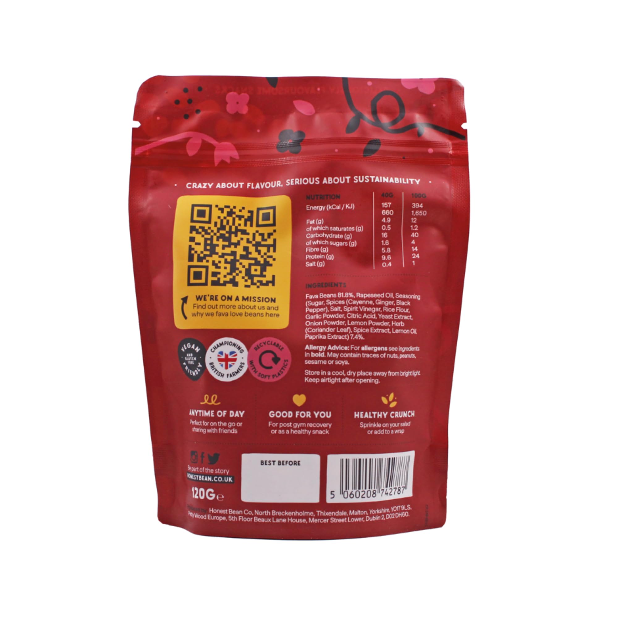 The Honest Bean Co Roasted Fava Bean Chilli & Lemon High Protein Vegan Snack 6 x 120g