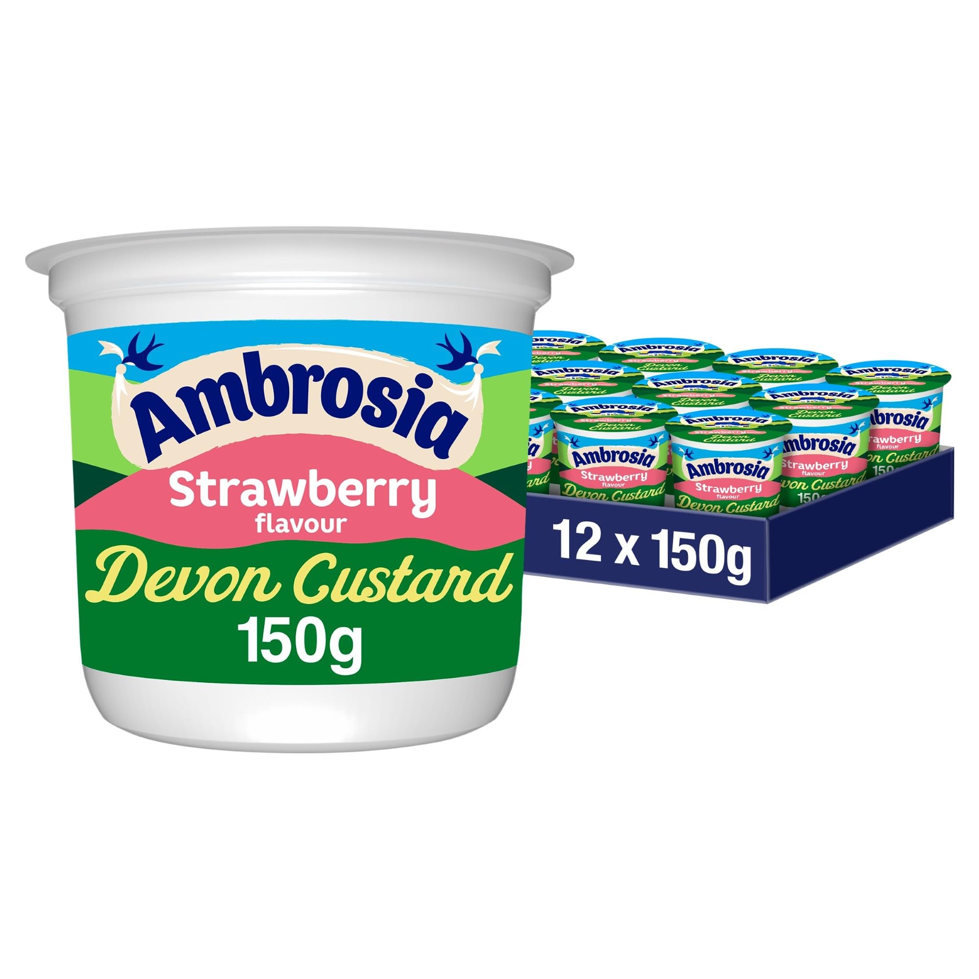 Ambrosia Strawberry Flavour Custard Pots - Pack of 12 | 150g Pots | Ready-to-Eat
