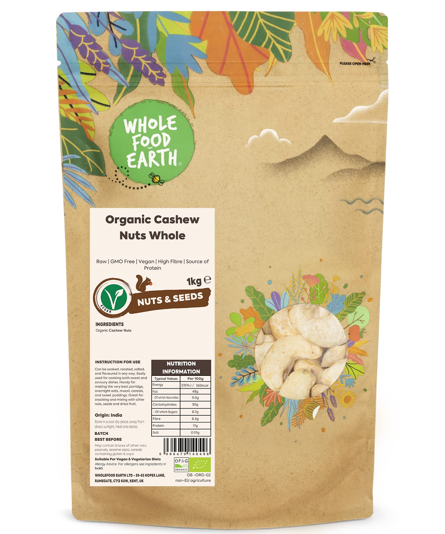 Wholefood Earth Organic Cashew Nuts Whole - 1kg | Raw | GMO Free | Vegan
