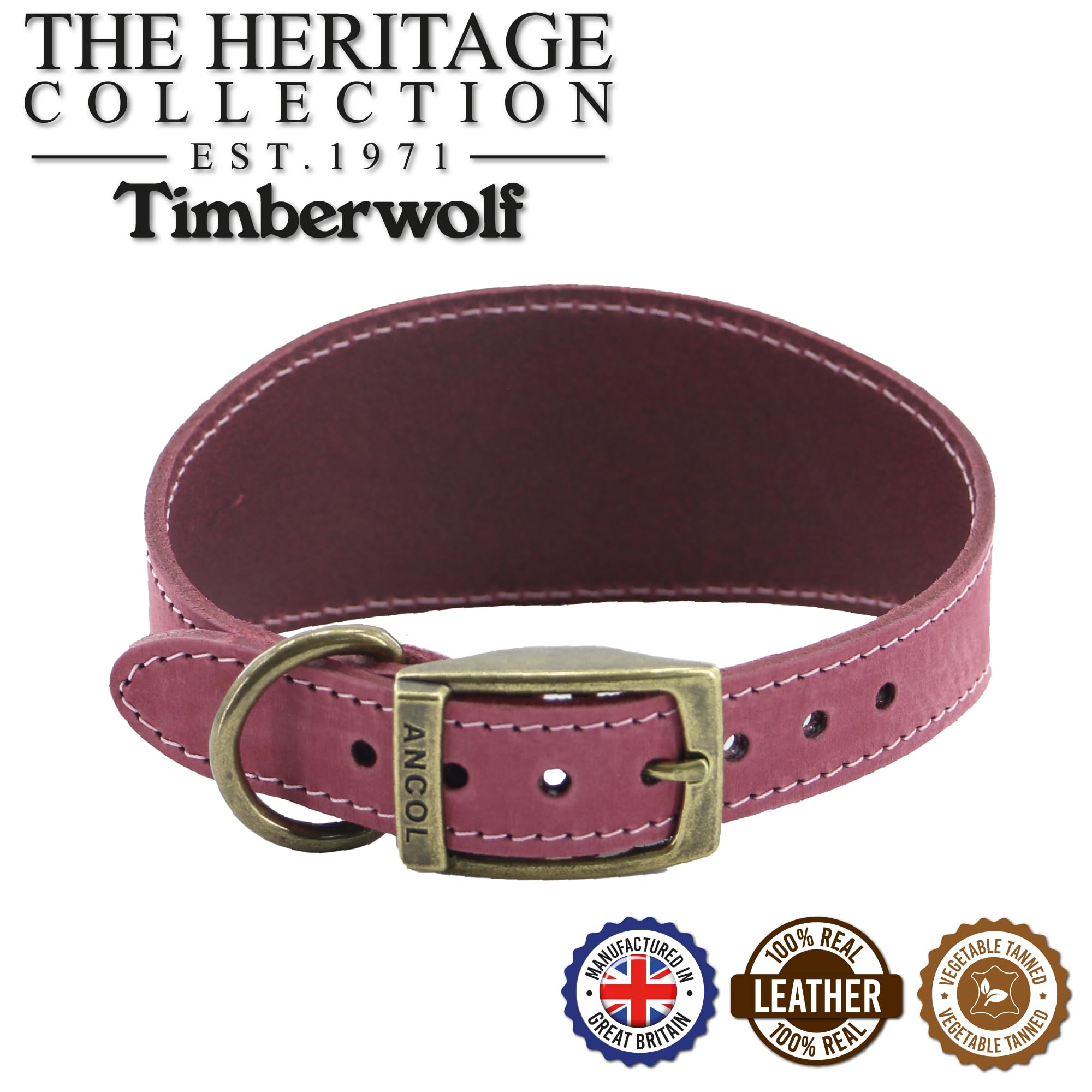 Ancol Timberwolf Leather Greyhound Dog Collar - Raspberry | 34-43cm Size | Top Grain Bridle Leather