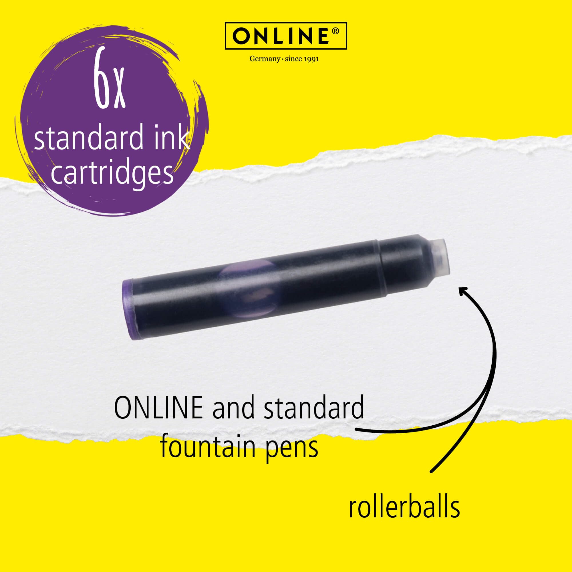 Online Standard Fountain Pen Ink Cartridges - Universal Fit, Lilac, 6 Pack