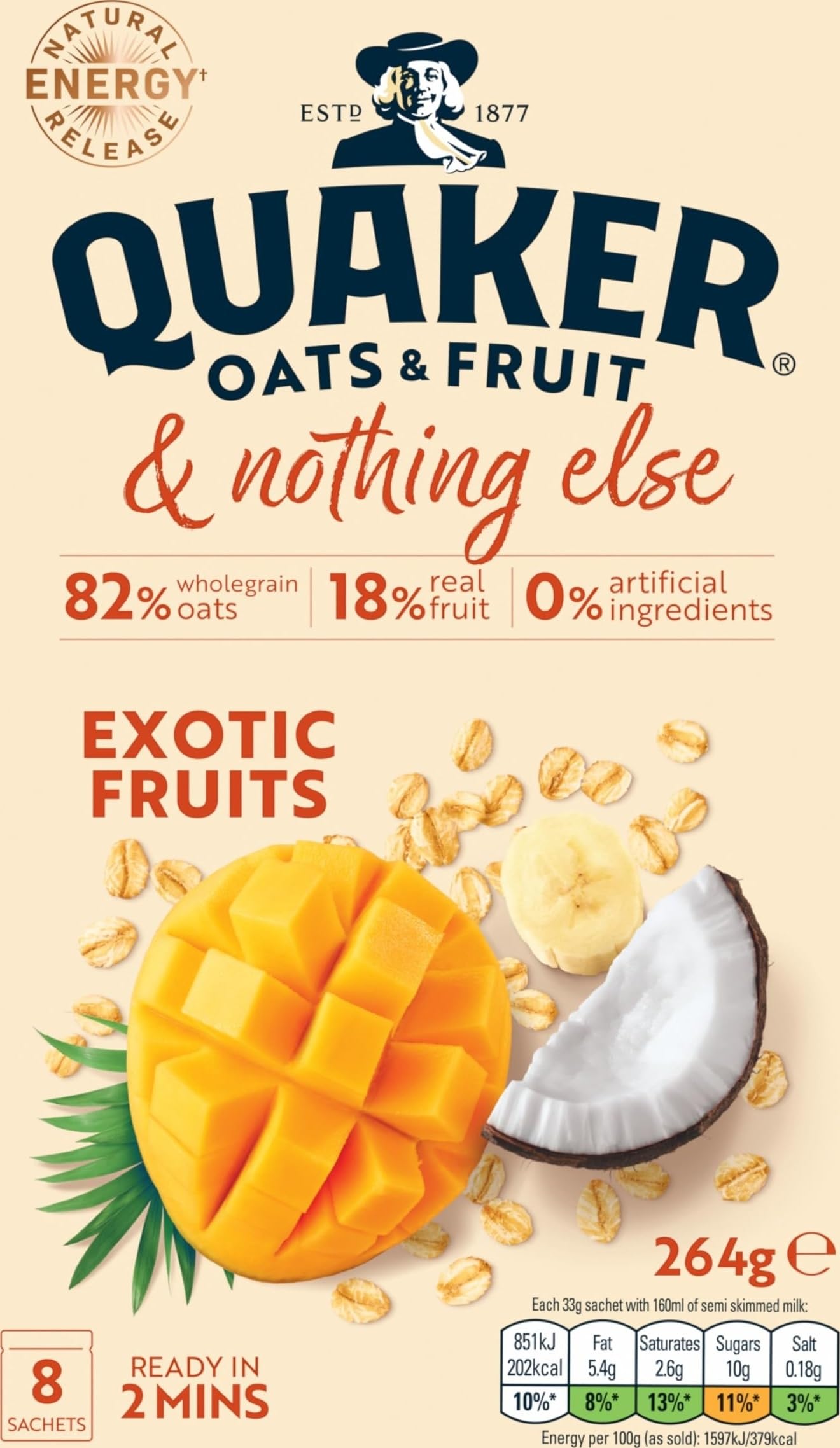 Quaker Oats & Fruit with Exotic Fruits Porridge Sachets - 8 Porridge Sachets (264g)