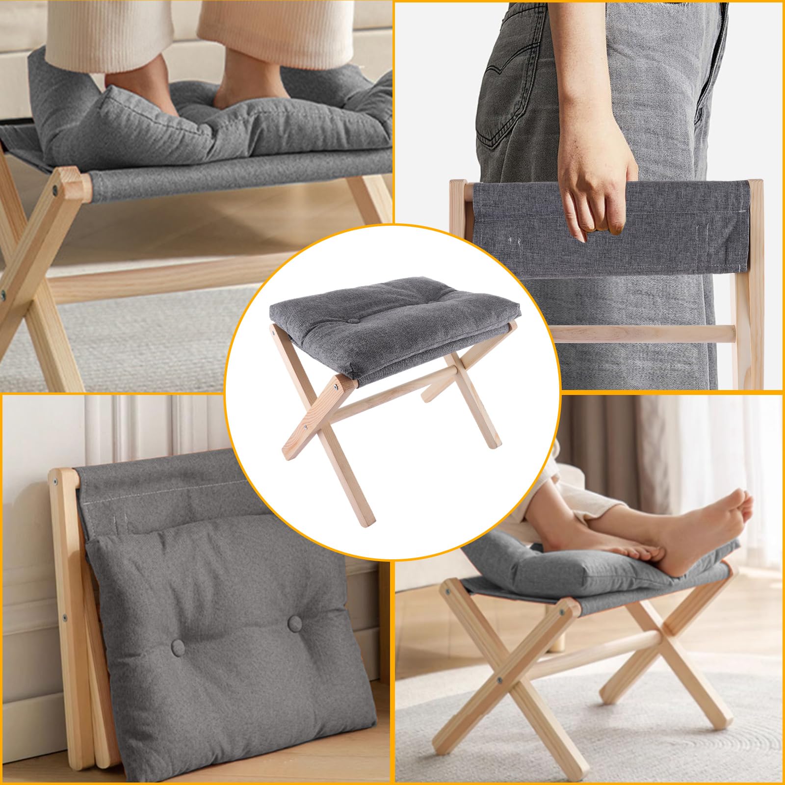 ASelected Wooden Folding Footstool with Soft Cushion | 45x33x33cm | Dark Grey 7