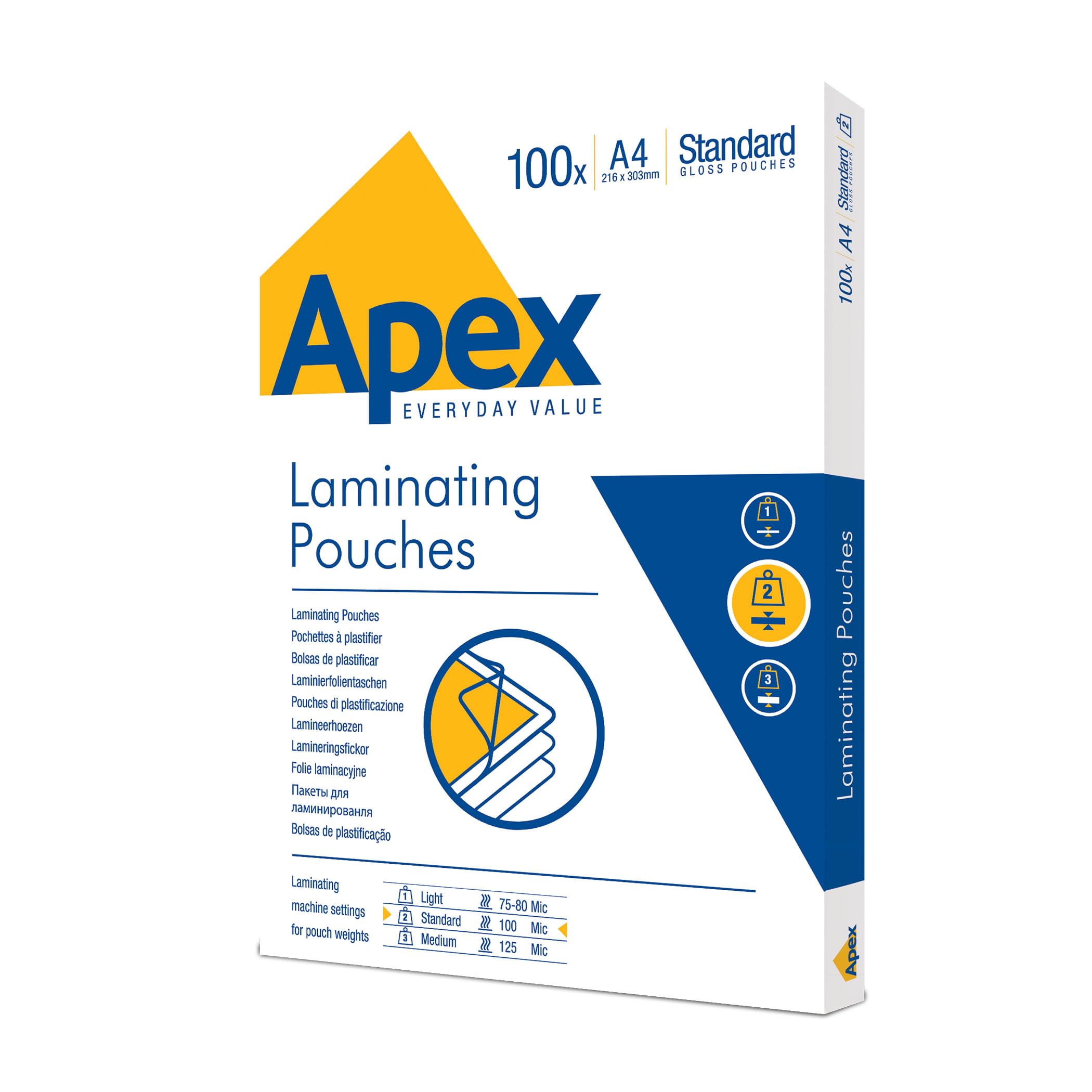Fellowes Apex A4 Laminating Pouches - 100 Pack | 100 Micron Standard Glossy Finish