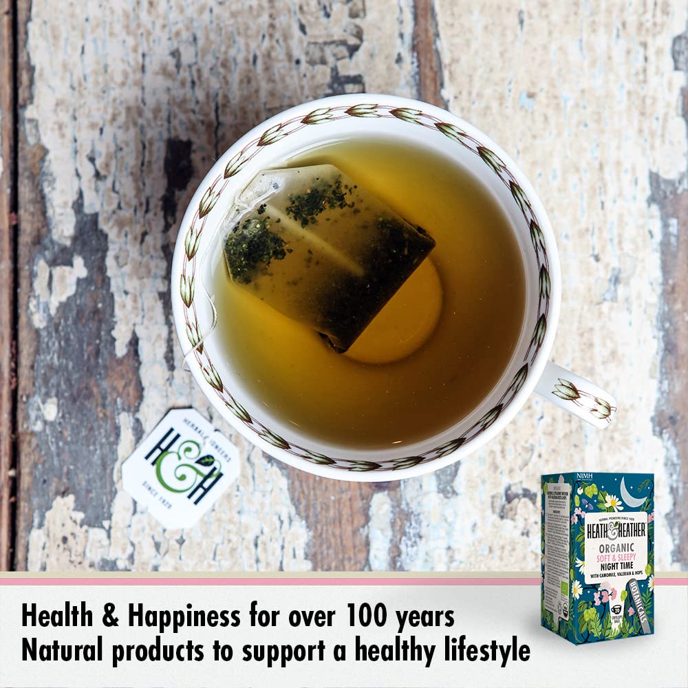 Heath & Heather Organic Soft & Sleepy Night Time Tea Bags (6 x 20) - 120 Total Herbal Tea Infusions with Camomile, Valerian & Hops 6