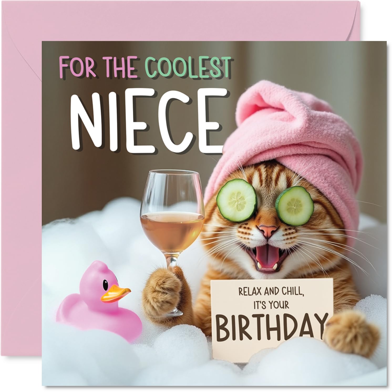 Stuff4 Funny Niece Birthday Card - Relaxing Bath Cat Design | 145mm x 145mm