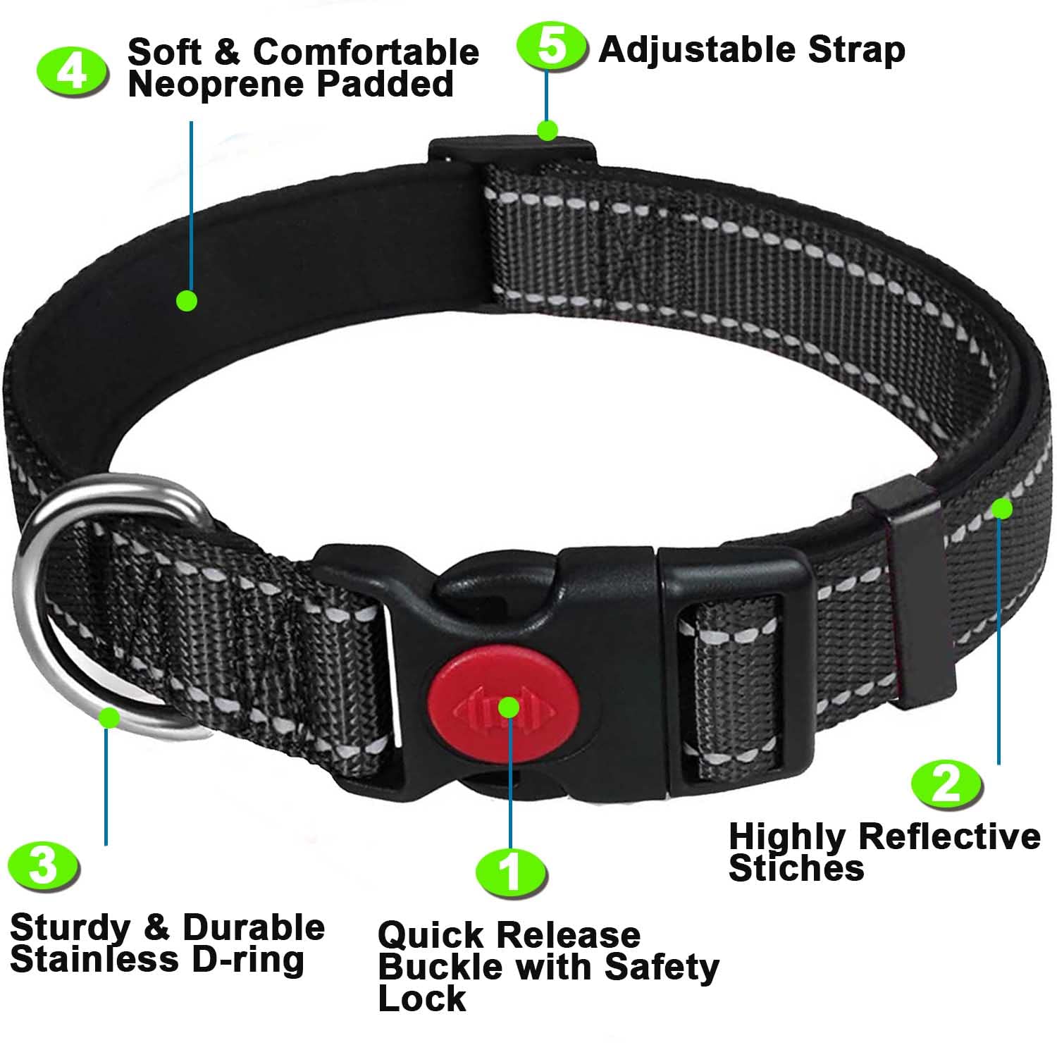 ATETEO Reflective Adjustable Dog Collar with Neoprene Padding | Black, Size S (9-14.2 inch)