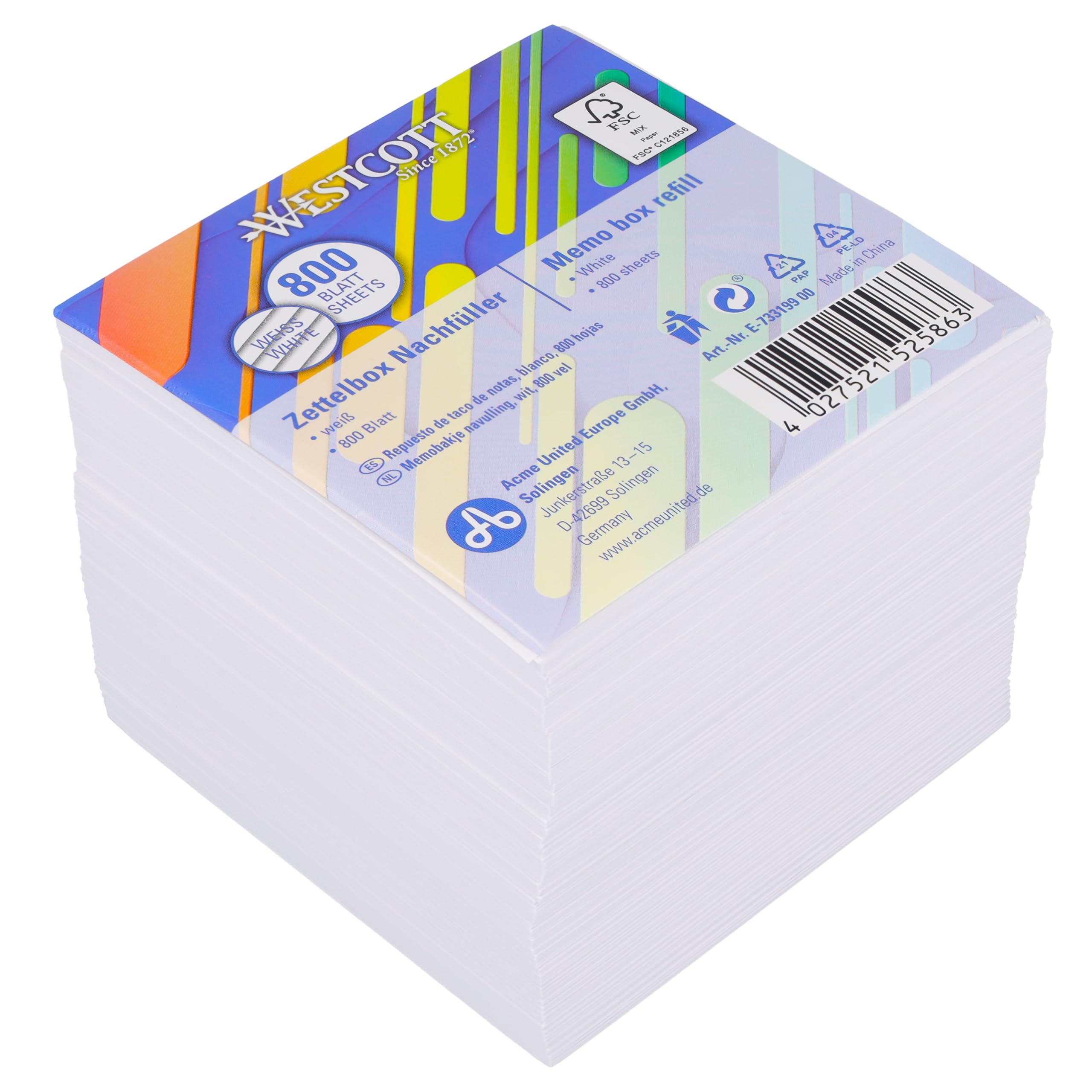 Westcott Note Block Refill Pack - 800 Sheets White Paper | 9 x 9 cm Size | 80g/m²