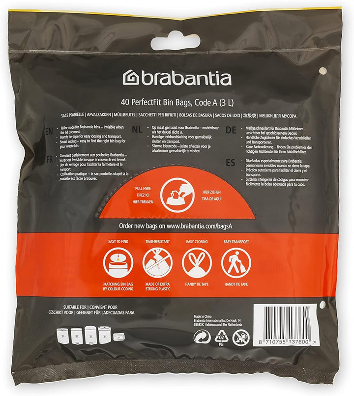 Brabantia - PerfectFit Bin Liners (Size A/3 Litre) Thick Plastic Trash Bags with Tie-Tape