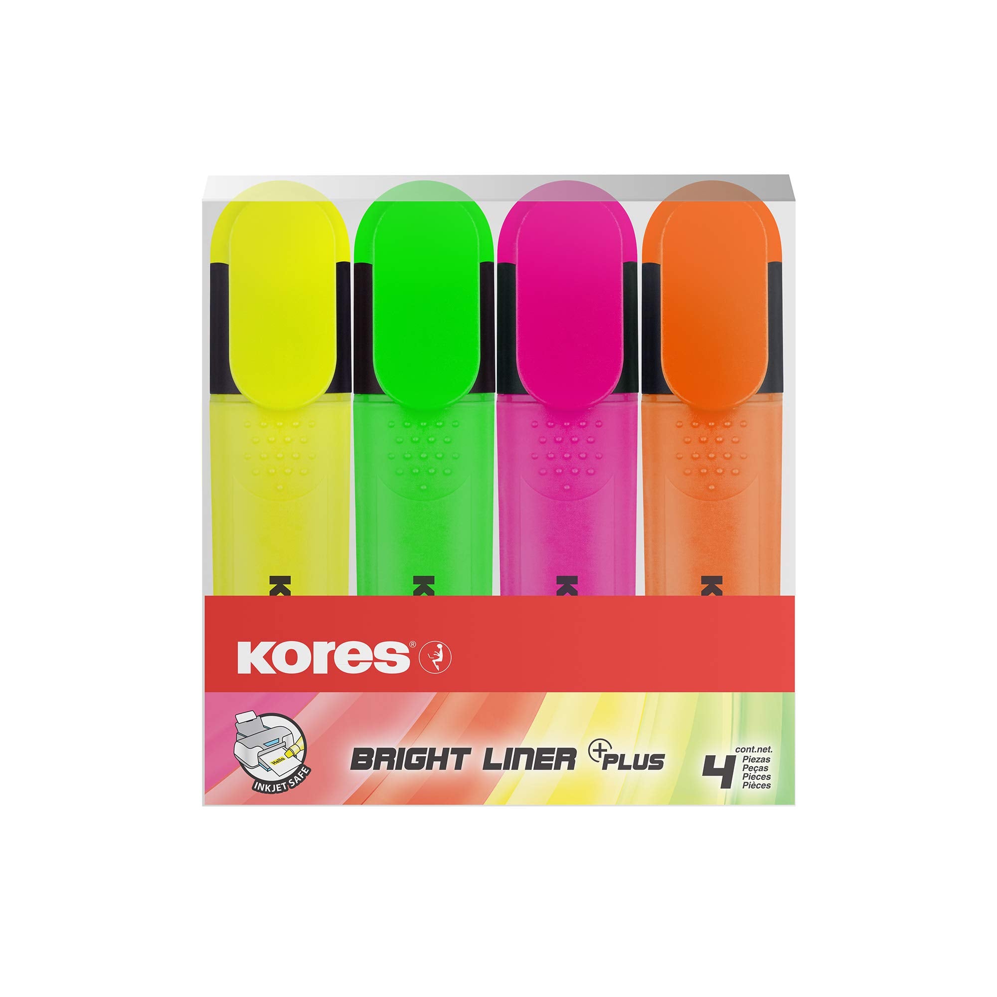 Kores Bright Liner Chisel Tip Highlighter Pens - Water-Based Ink, Quick-Dry, Pack of 4