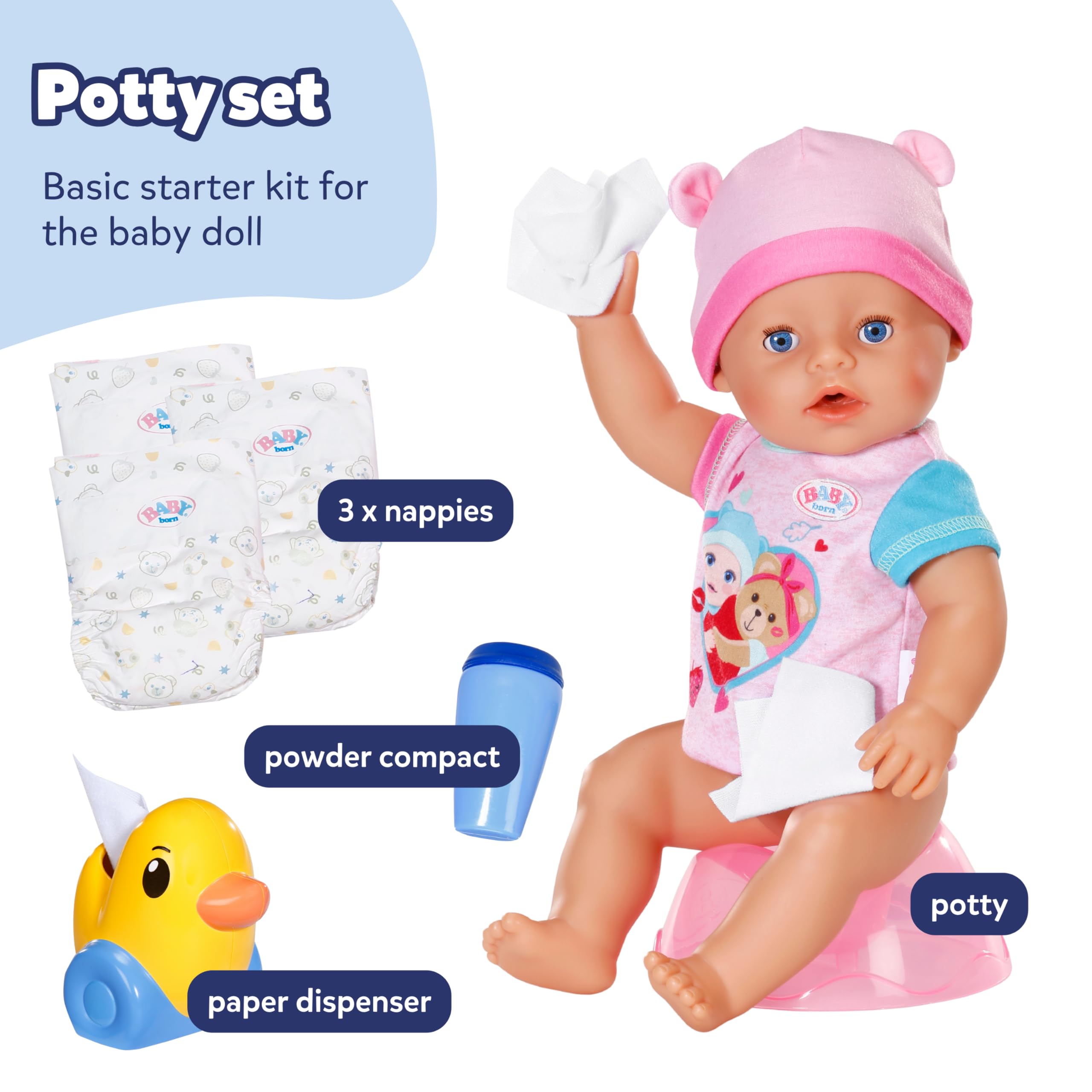 BABY born Potty Set - Includes Diapers, Cream Jar & Duck Berta Tissue Dispenser | Pink Plastic 2