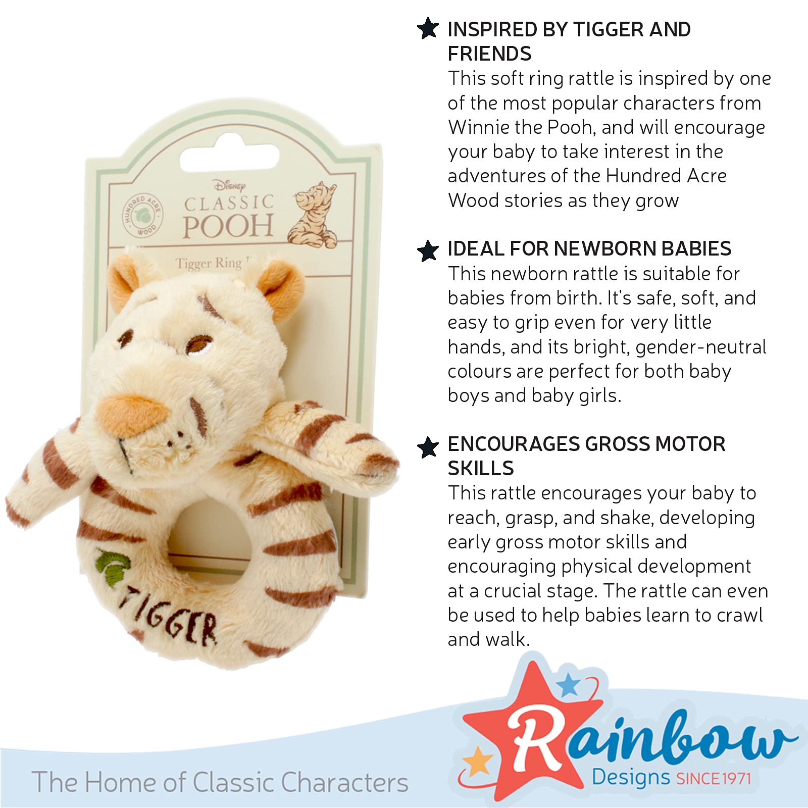 Rainbow Designs Tigger Ring Rattle - Soft Plush, Newborn Safe, Sensory Development | Orange 4