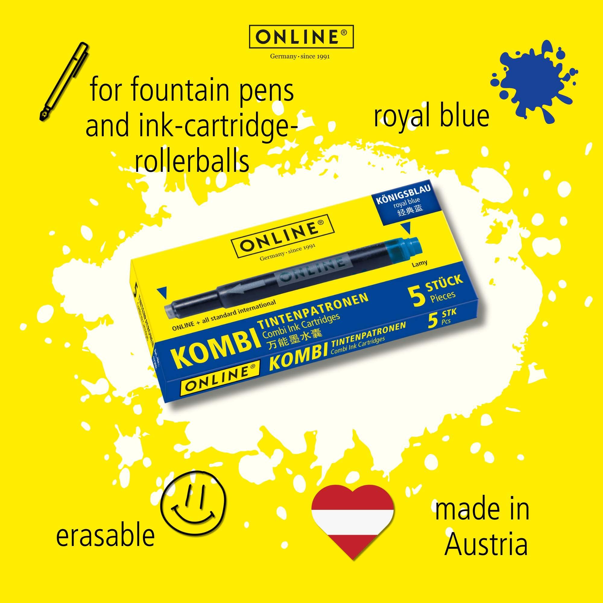 Online Universal Double-Sided Fountain Pen Refills - Royal Blue Ink | 4-Pack Maxi Size 5