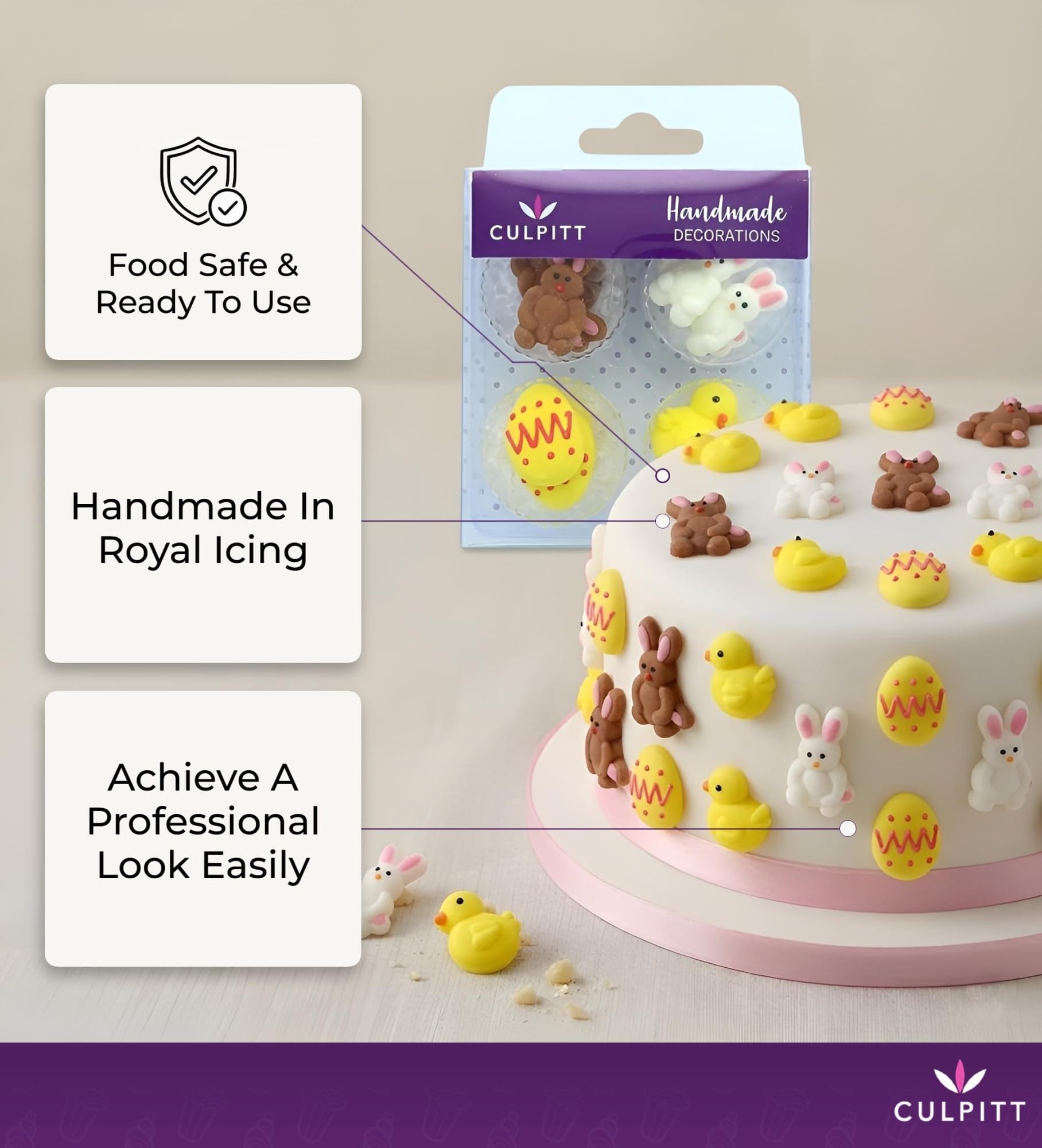 Culpitt Edible Sugar Cake Toppers - Chick, Egg, and Rabbit Decorations | Pack of 12 | 27mm 2