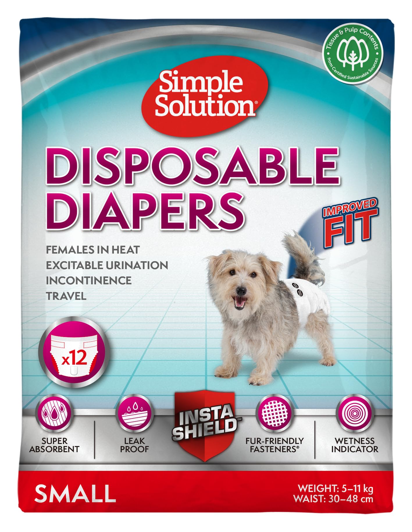 Simple Solution Disposable Dog Diapers for Female Dogs | Small (5-11kg) | 12 Pack