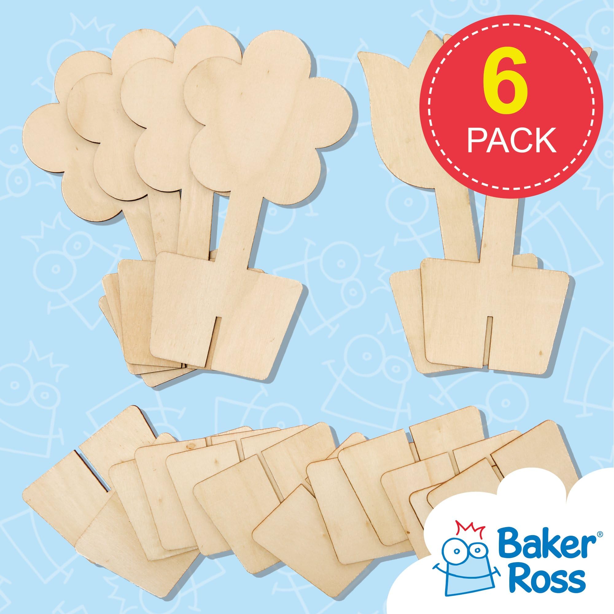 Baker Ross Flower 3D Wooden Stand Up Decorations - Pack of 6 Kits | 16cm Height