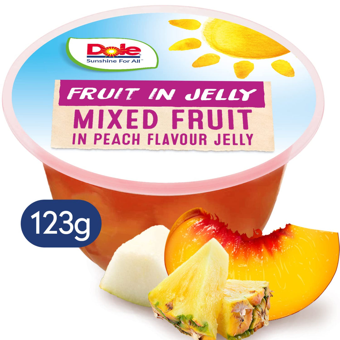Dole Mixed Fruit in Peach Jelly - 12 x 123g Pots, 100% Natural Fruit Snack with No Added Sugar