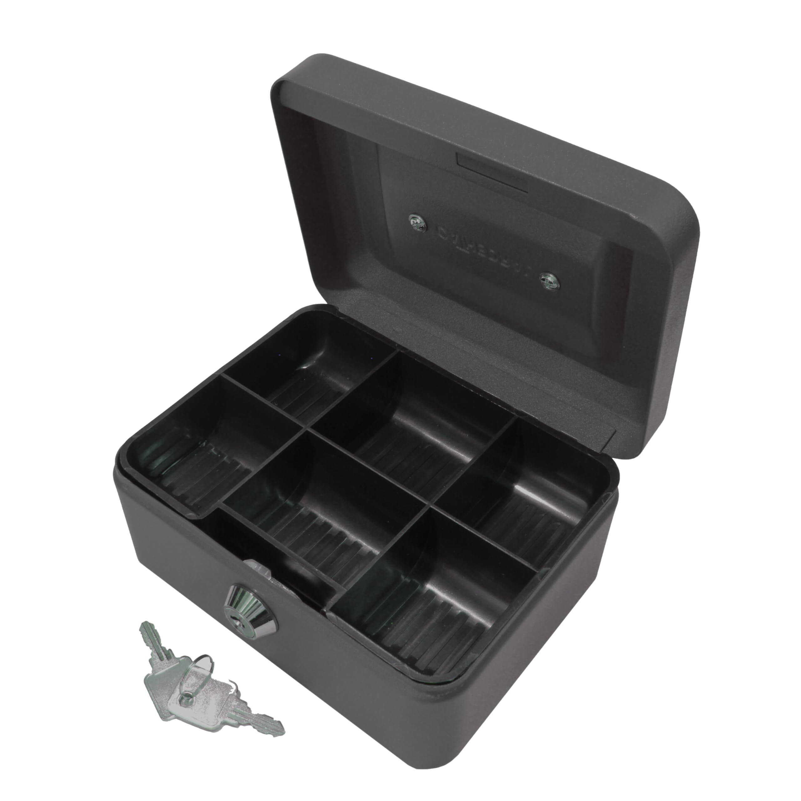 Cathedral Products Key Lockable Cash Box - 6 Inch - Black | Durable Steel | 6 Compartment Tray