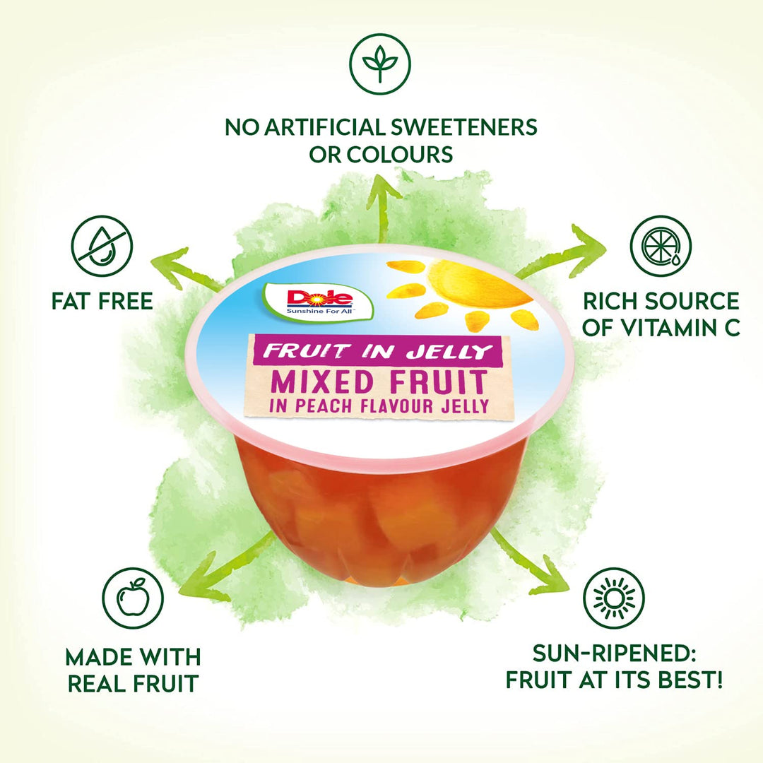 Dole Mixed Fruit in Peach Jelly - 12 x 123g Pots, 100% Natural Fruit Snack with No Added Sugar