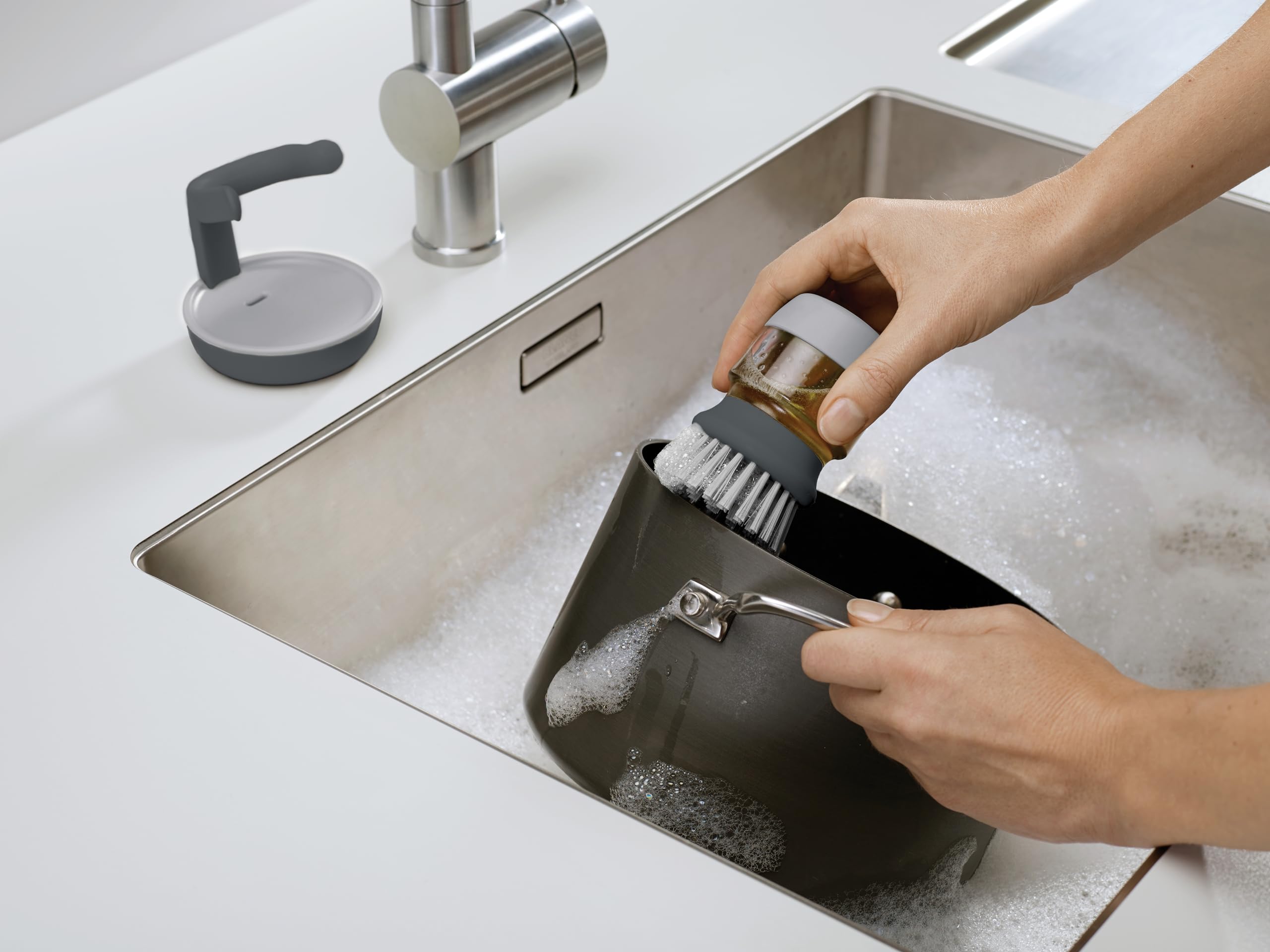 Joseph Joseph Palm Scrub Soap Dispensing Washing-Up Brush - Non-Scratch Bristles | Grey | Plastic 3
