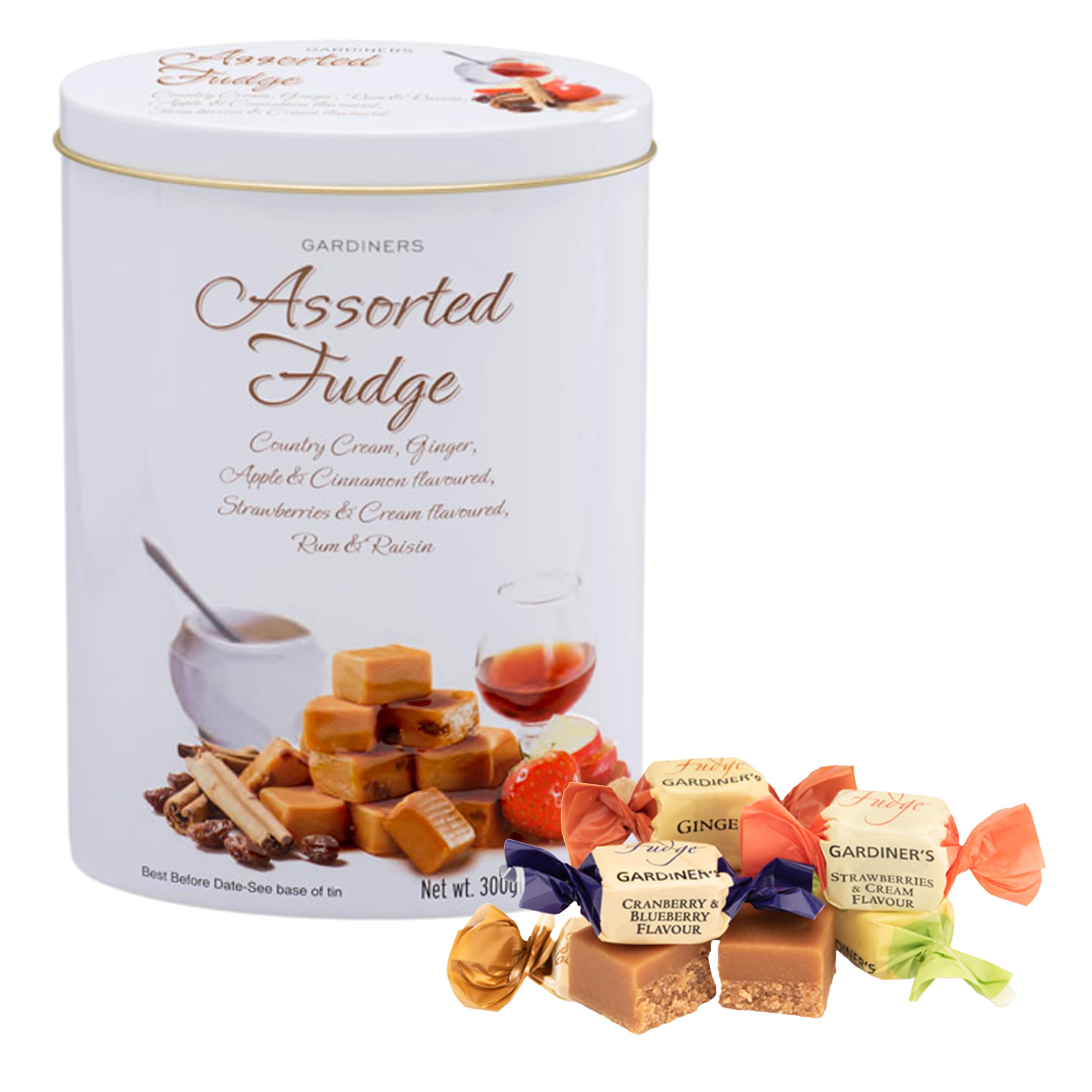 Gardiners of Scotland Luxury Assorted Fudge Tin 300g - Clotted Cream, Ginger, Apple & Cinnamon, Strawberry & Cream, Rum & Raisin