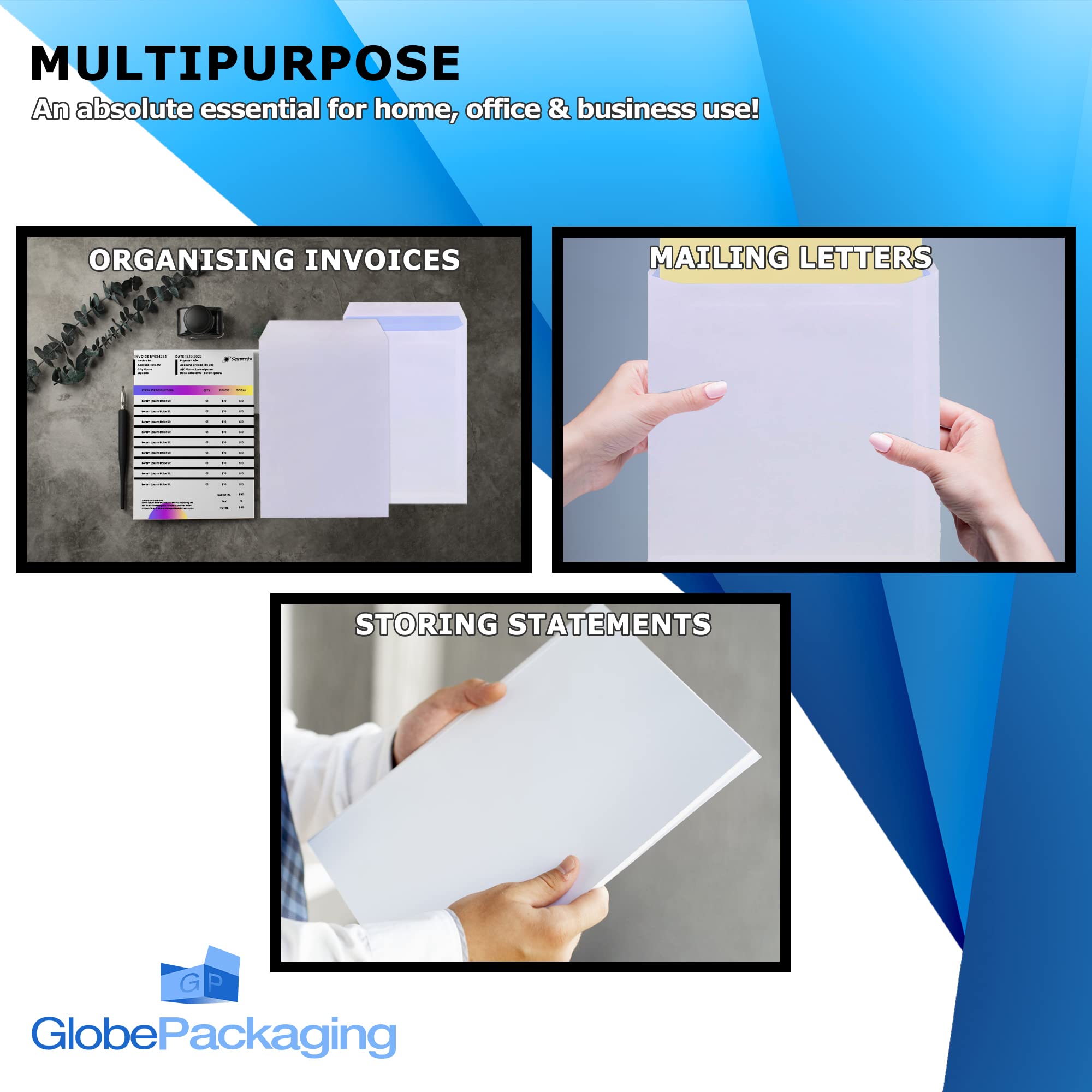 Globe Packaging C4/A4 Plain White Self Seal Envelopes 90gsm, Pack of 50 | Blue Security Tint | Made in the UK 7