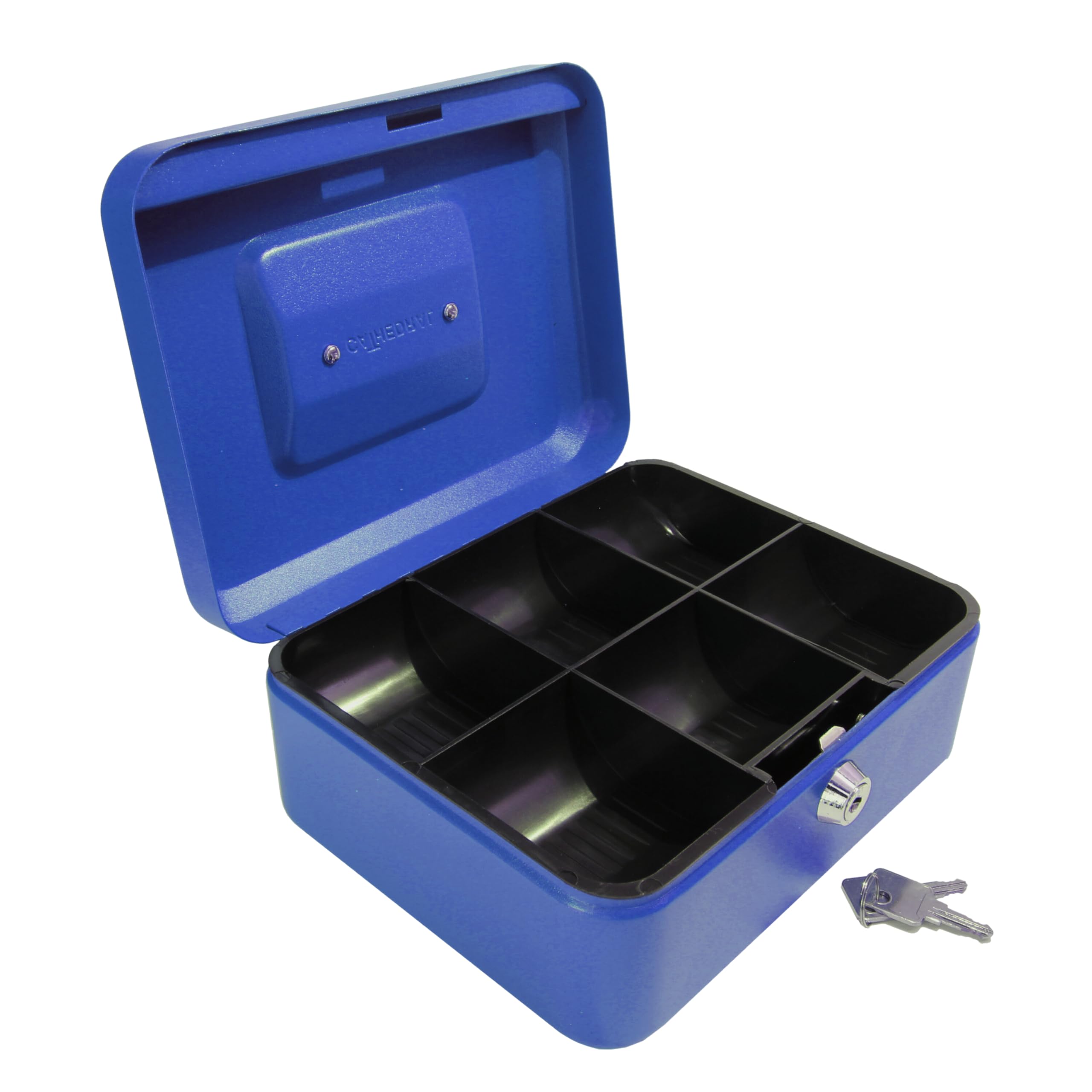 Cathedral Products Key Lockable Cash Box with 6 Compartment Coin Tray - 8 Inch - Blue